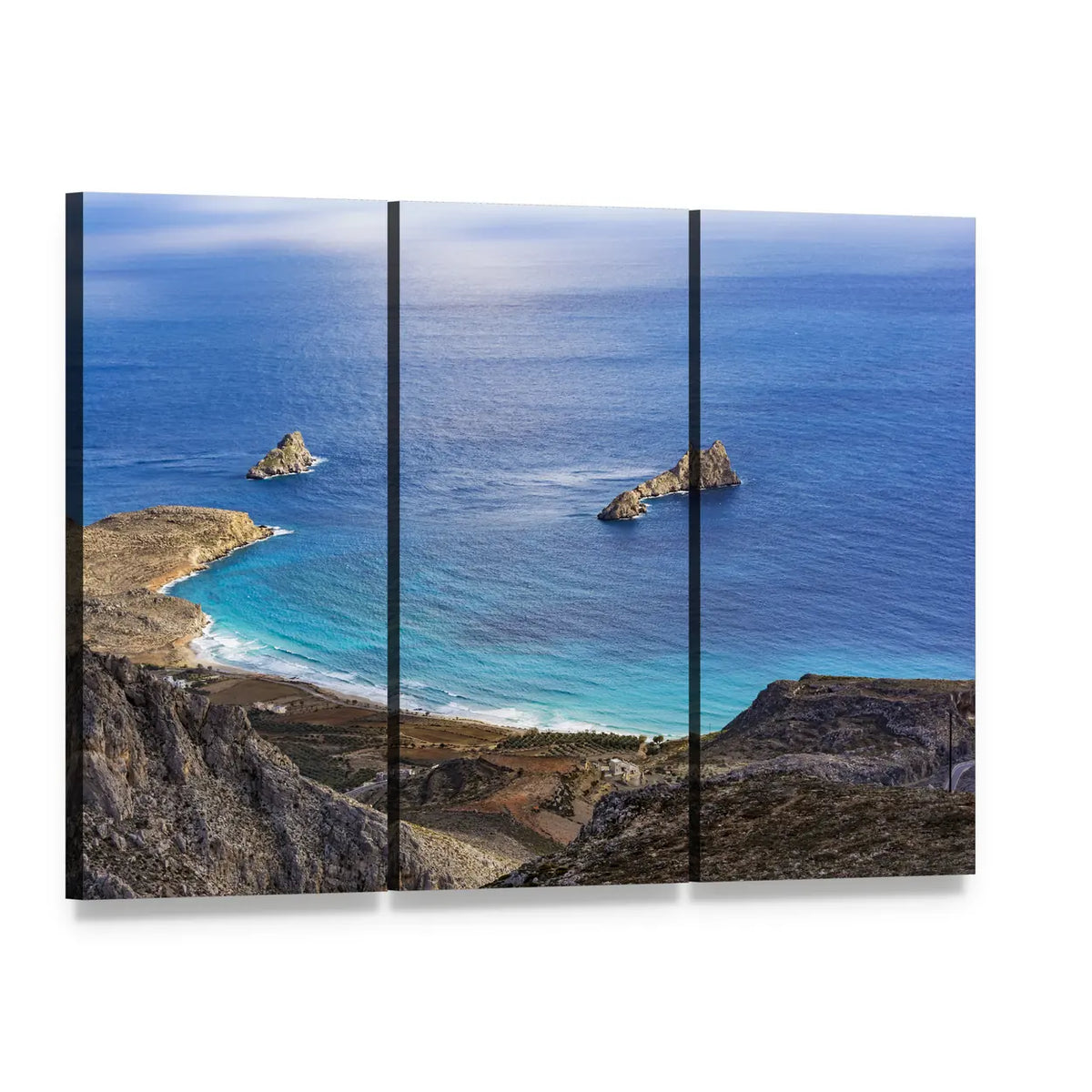 Greek Seascape at Crete Canvas Wall Art, 3 panel 3 Horizontal layout gallery wrapped canvas set, angled product view