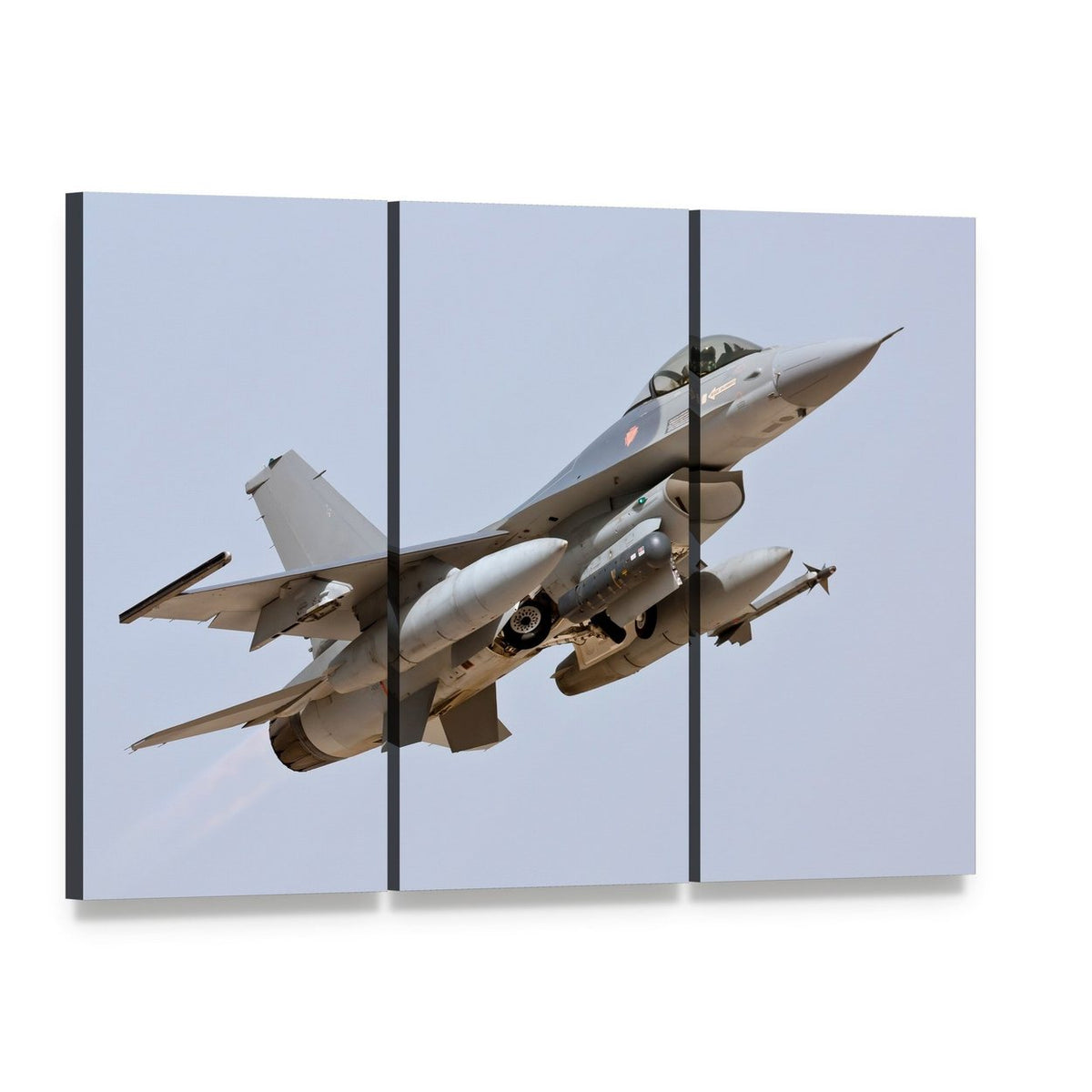 F-16 Takeoff with Missiles Canvas Wall Art, 3 panel 3 Horizontal layout gallery wrapped canvas set, angled product view