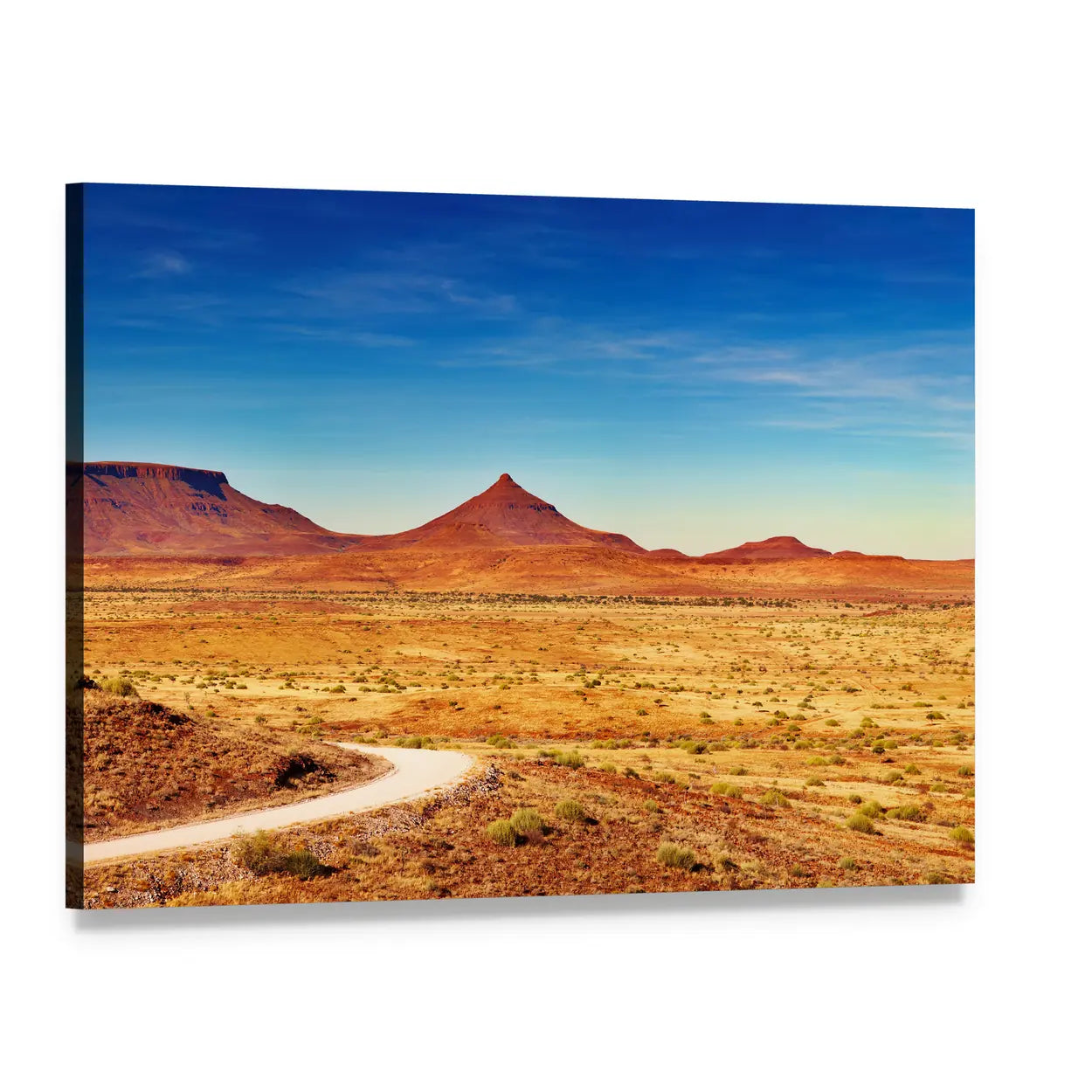 Winding Desert Road to Distant Peaks Canvas Wall Art, single panel gallery wrapped canvas, angled product view
