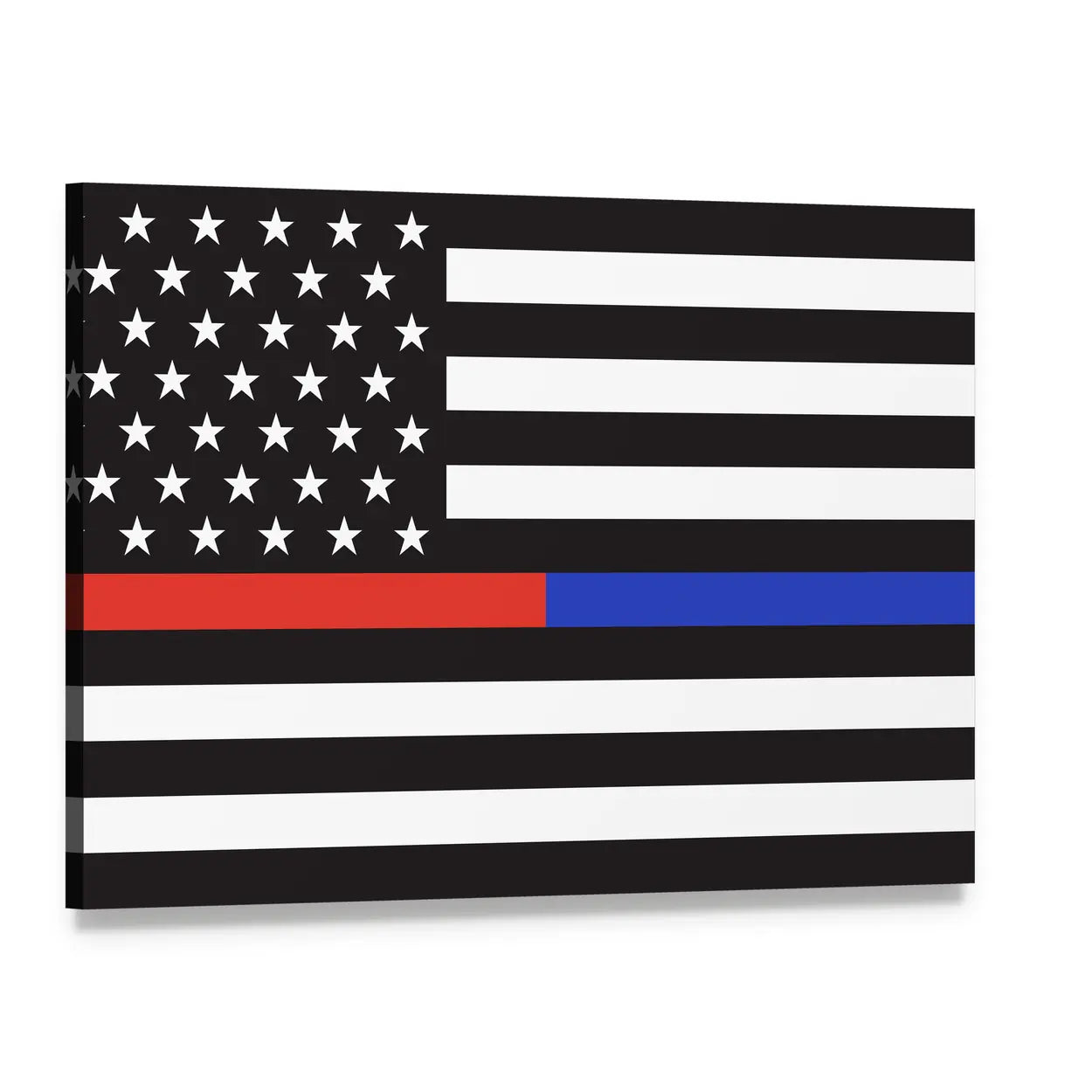 Thin Blue and Red Line American Flag Canvas Wall Art, single panel gallery wrapped canvas, angled product view