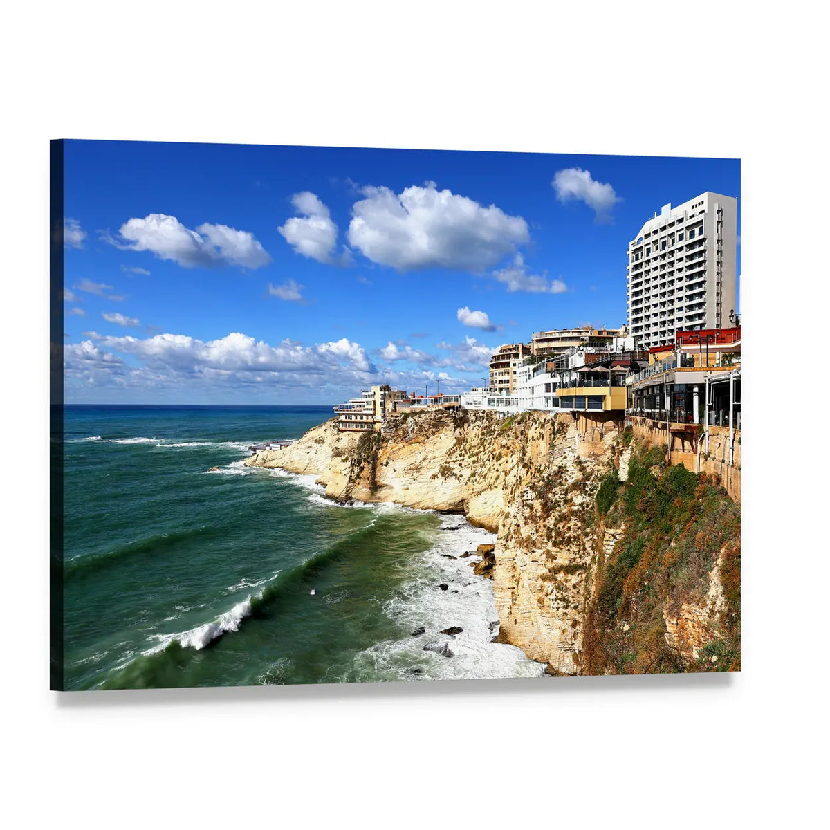 Clifftop Buildings Above Crashing Waves Canvas Wall Art, single panel gallery wrapped canvas, angled product view