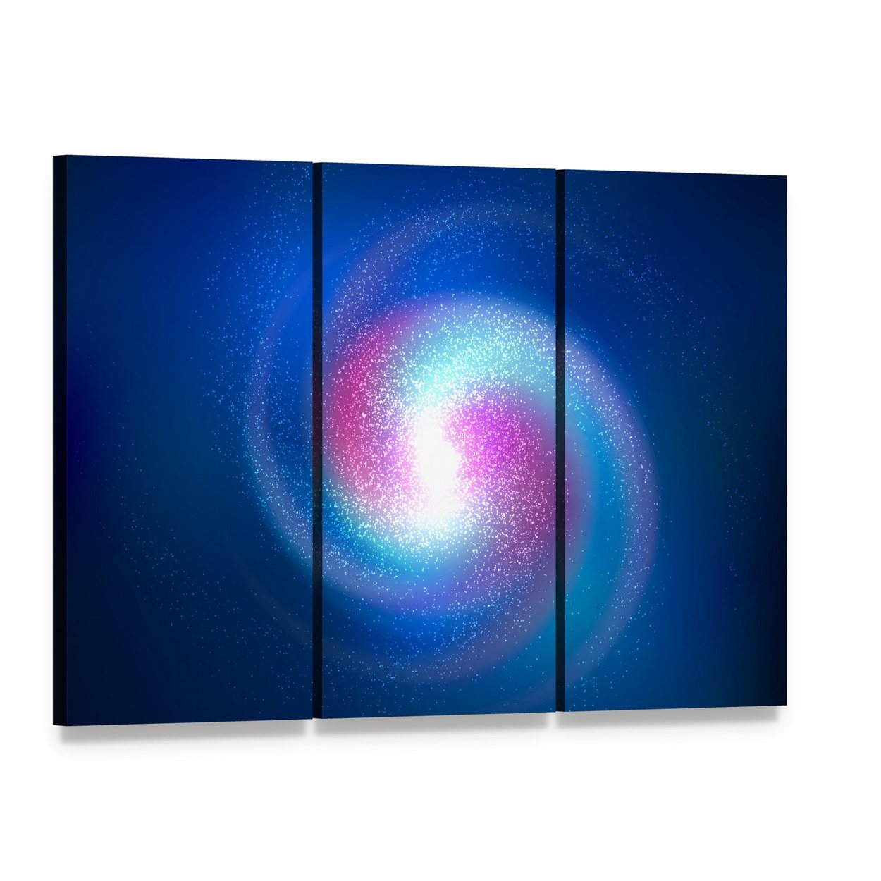 Spiral Nebula and Stars Canvas Wall Art, 3 panel 3 Horizontal layout gallery wrapped canvas set, angled product view