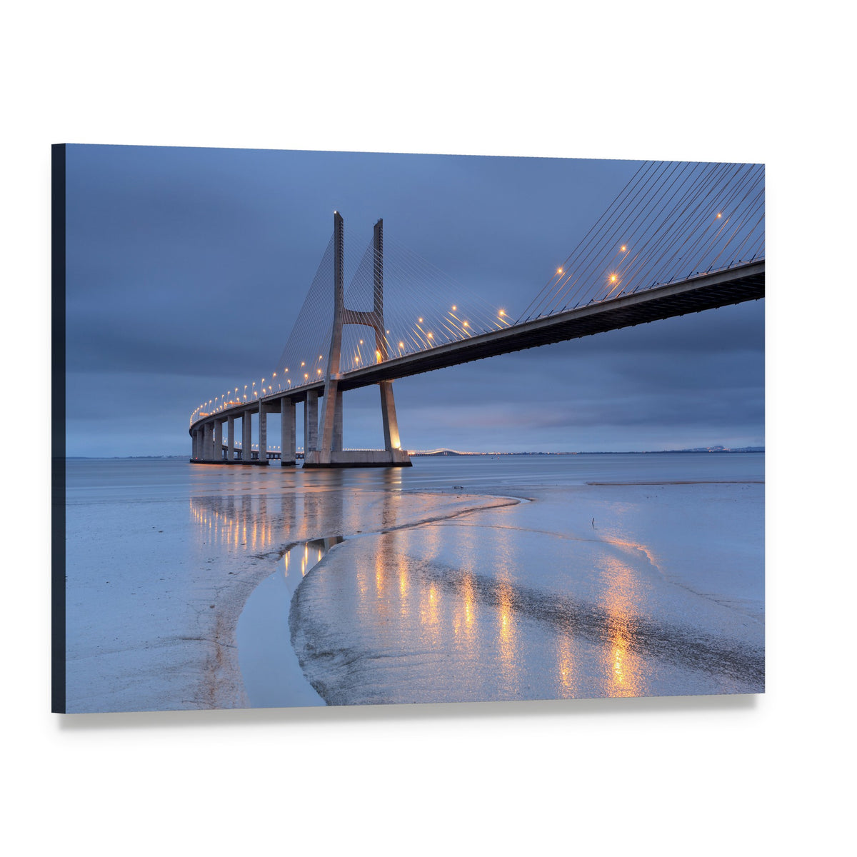 Vasco Da Gama Bridge Night Reflection Canvas Wall Art, single panel gallery wrapped canvas, angled product view