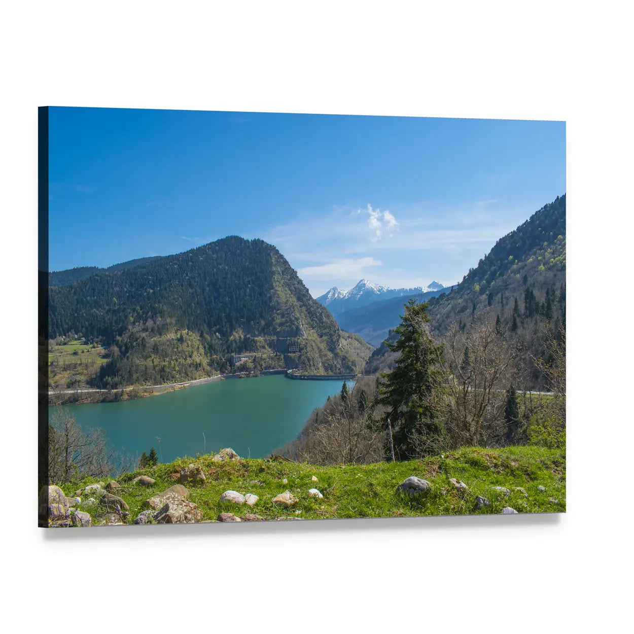 View of Plastiras Lake Canvas Wall Art, single panel gallery wrapped canvas, angled product view