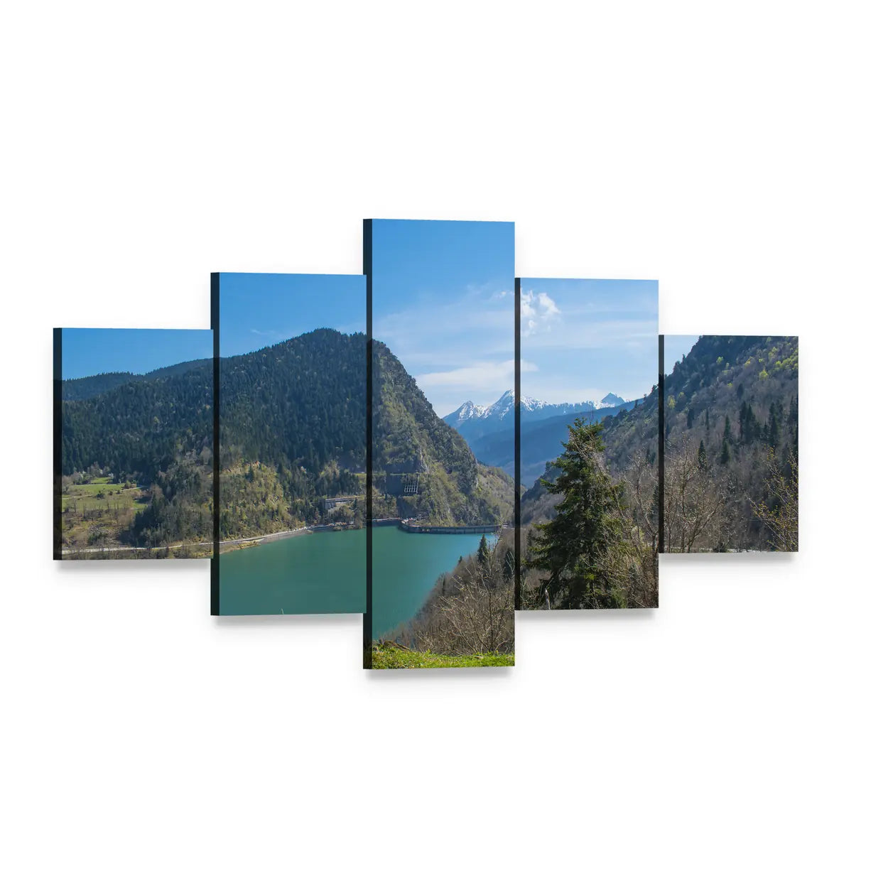 View of Plastiras Lake Canvas Wall Art, 5 panel 5 Star layout gallery wrapped canvas set, angled product view