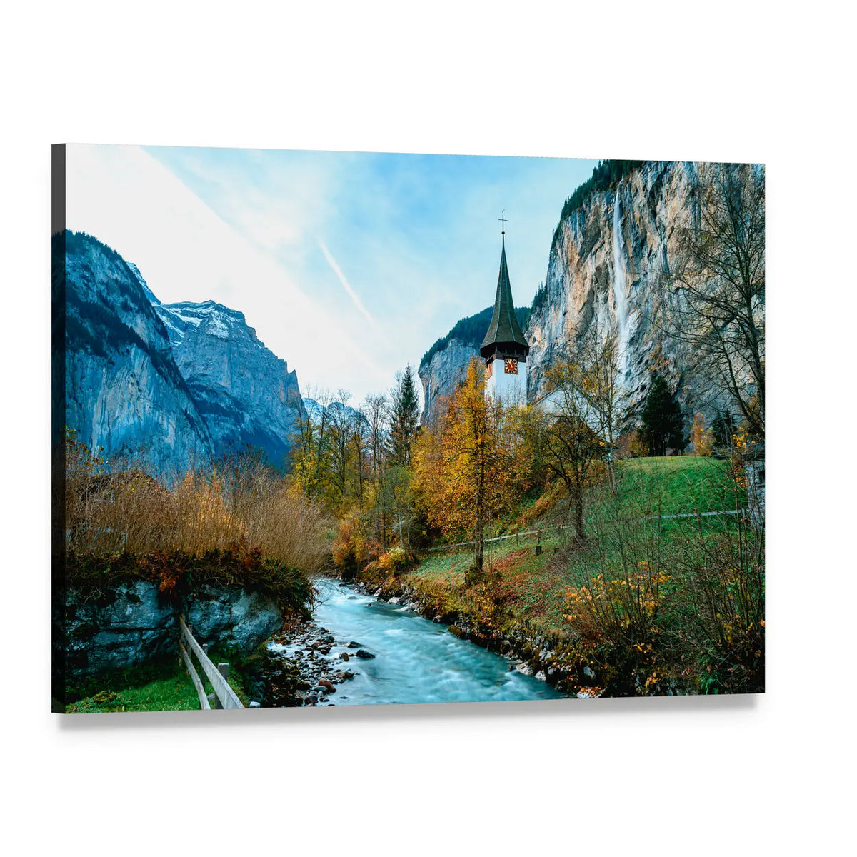 Lauterbrunnen Village in Swiss Alps Canvas Wall Art, single panel gallery wrapped canvas, angled product view