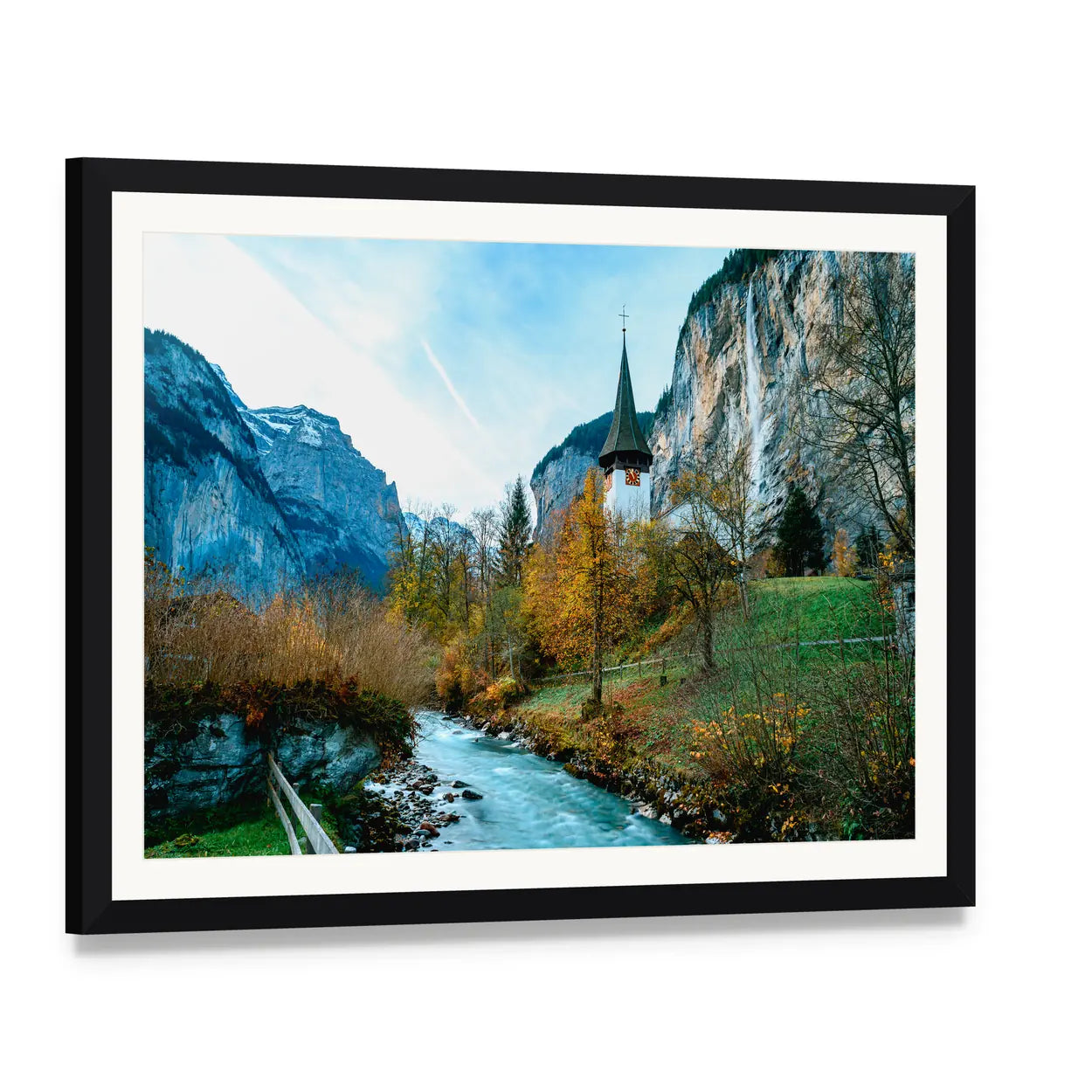 Lauterbrunnen Village in Swiss Alps Canvas Wall Art, framed print with white mat and black frame, angled product view