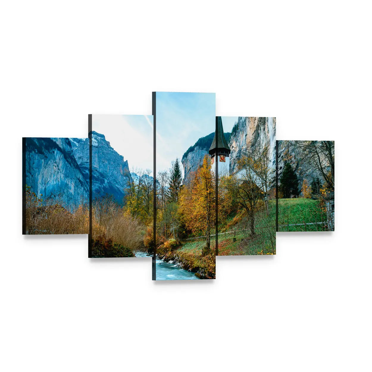 Lauterbrunnen Village in Swiss Alps Canvas Wall Art, 5 panel 5 Star layout gallery wrapped canvas set, angled product view