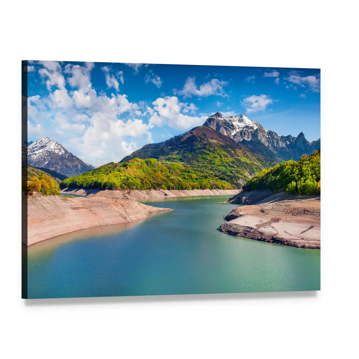 Summer Panorama of Lac Du Sautet Canvas Wall Art, single panel gallery wrapped canvas, angled product view