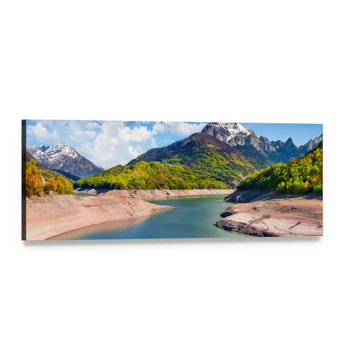 Summer View of Lac Du Sautet Panoramic Canvas Wall Art, single panel gallery wrapped canvas, angled product view
