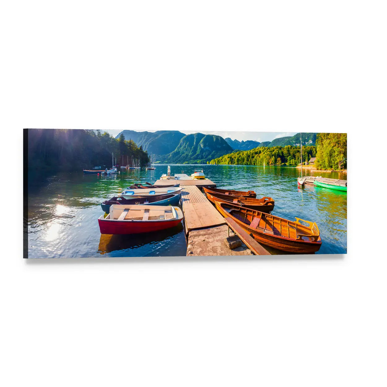 Rowboats on Bohinj Lake Panoramic Canvas Wall Art, single panel gallery wrapped canvas, angled product view