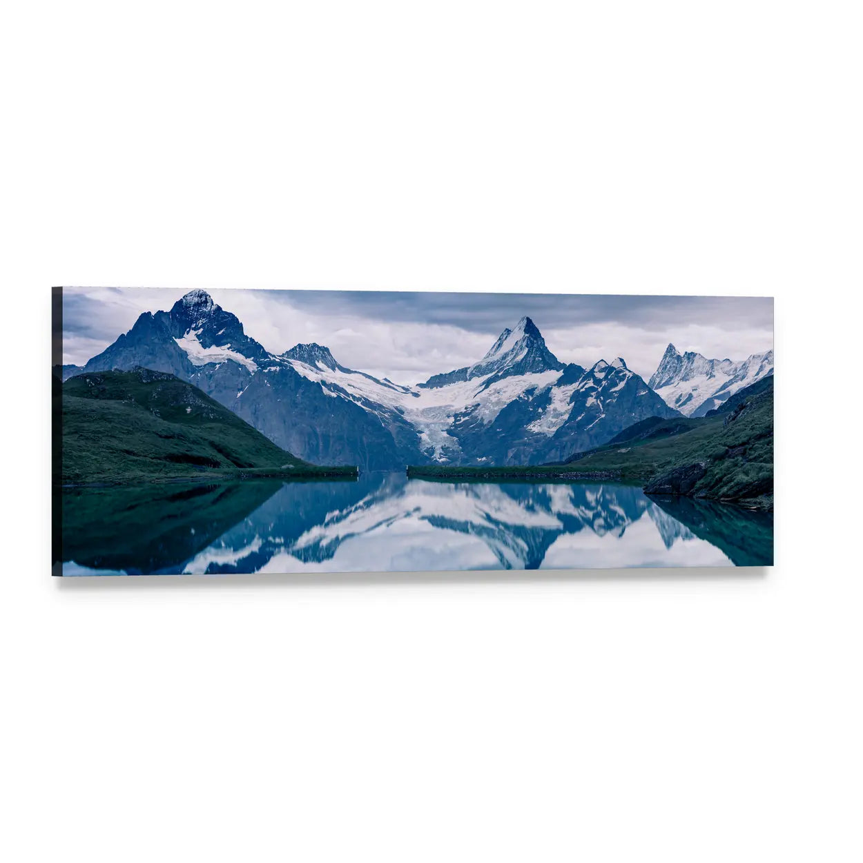 Lake Bachalpsee Switzerland Alpine Reflection Panoramic Canvas Wall Art, single panel gallery wrapped canvas, angled product view