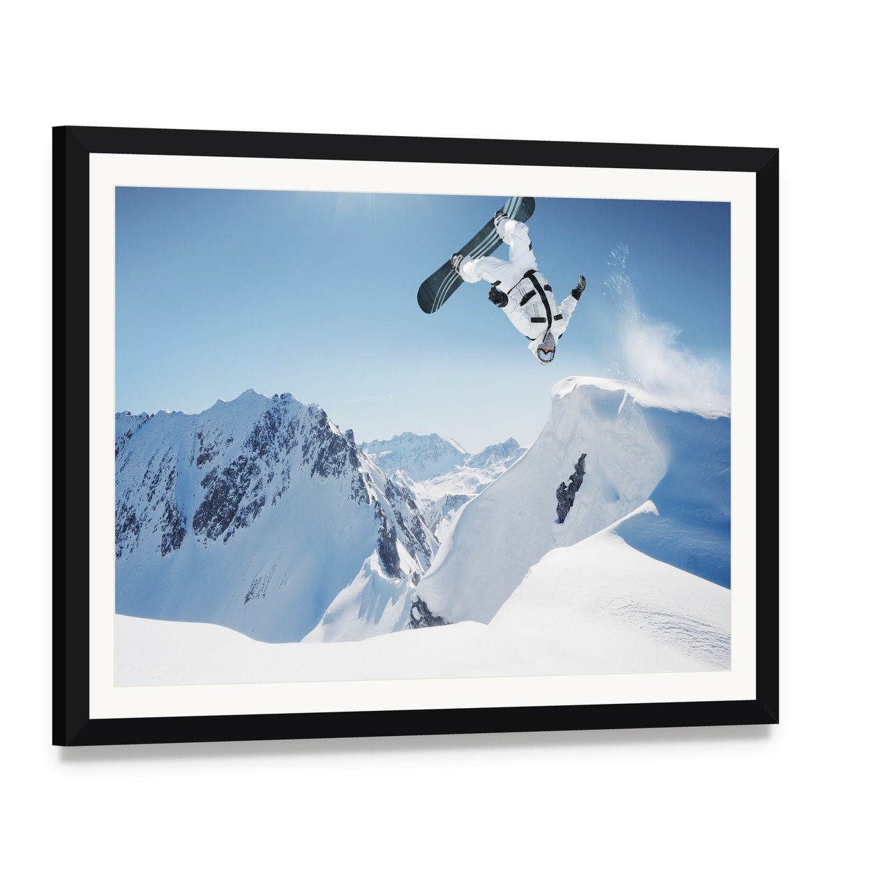 Snowboard Jump Canvas Wall Art, framed print with white mat and black frame, angled product view