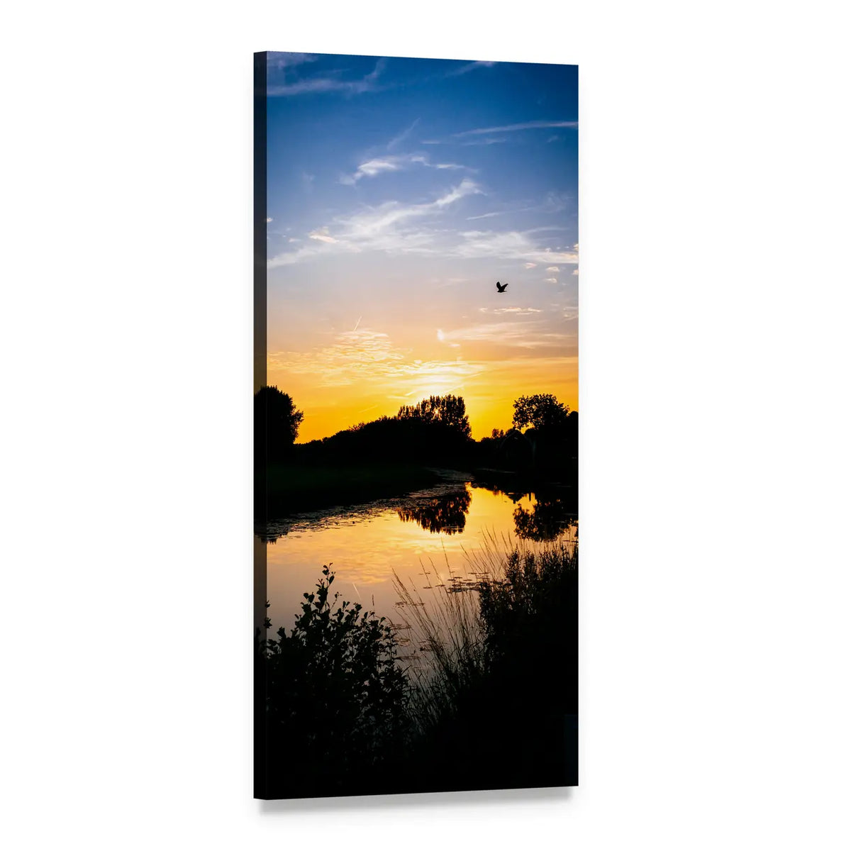 Sunset Over Forest Lake Vertical Canvas Wall Art, 1 panel 1 Vertical layout gallery wrapped canvas set, angled product view