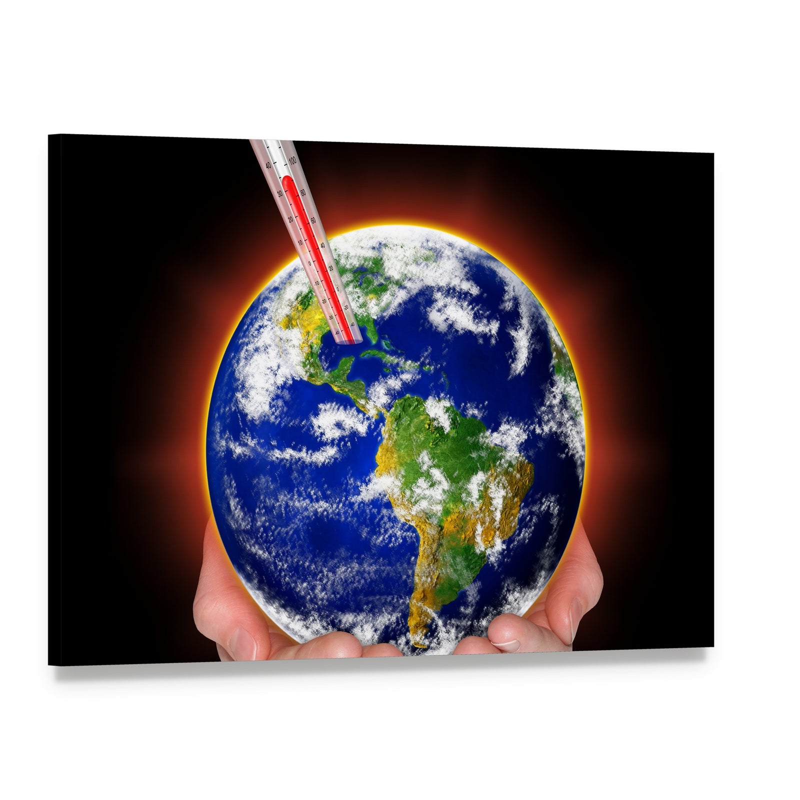 Thermometer Embedded in Earth Canvas Wall Art, single panel gallery wrapped canvas, angled product view