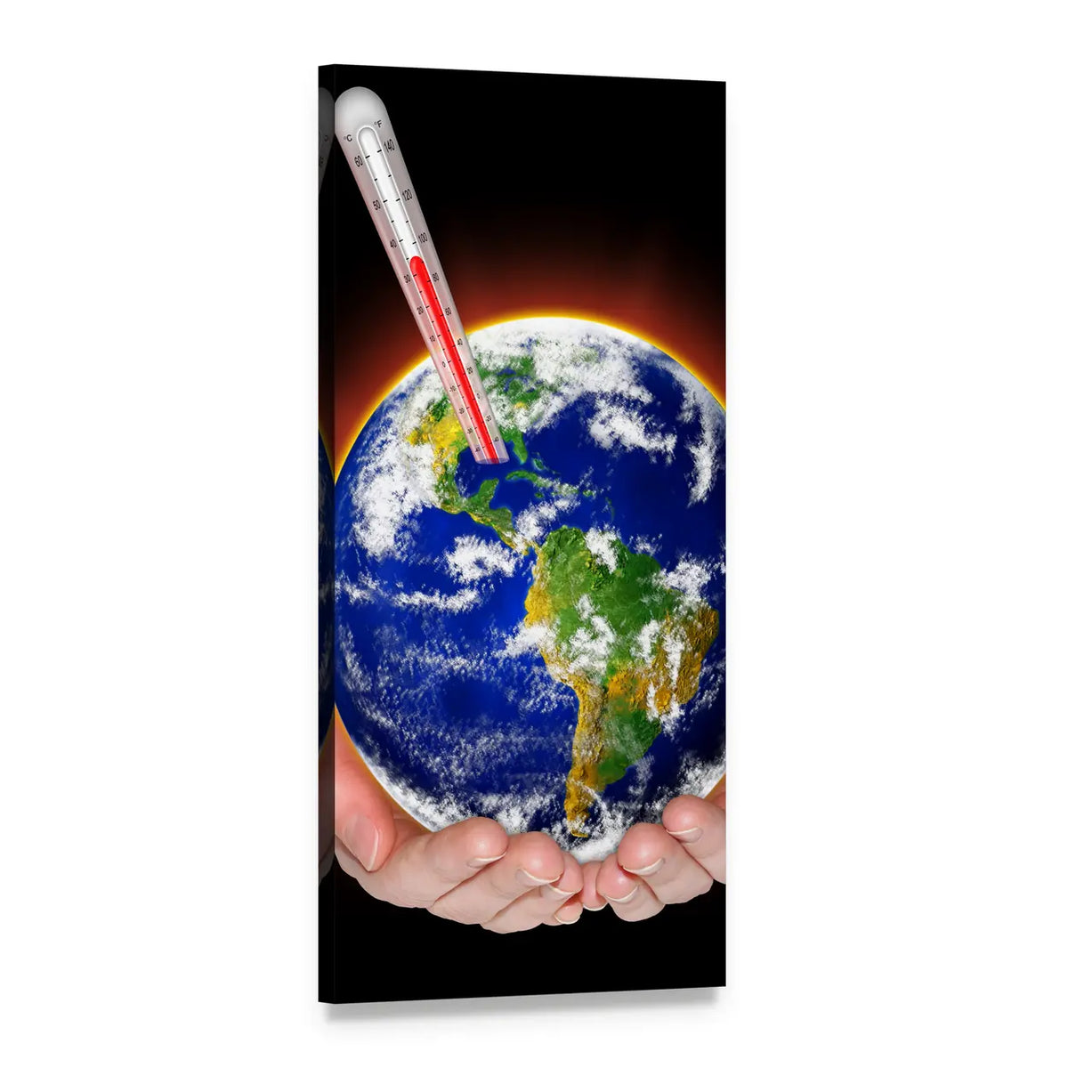 Hands Cradling Earth with Thermometer Vertical Canvas Wall Art, 1 panel 1 Vertical layout gallery wrapped canvas set, angled product view