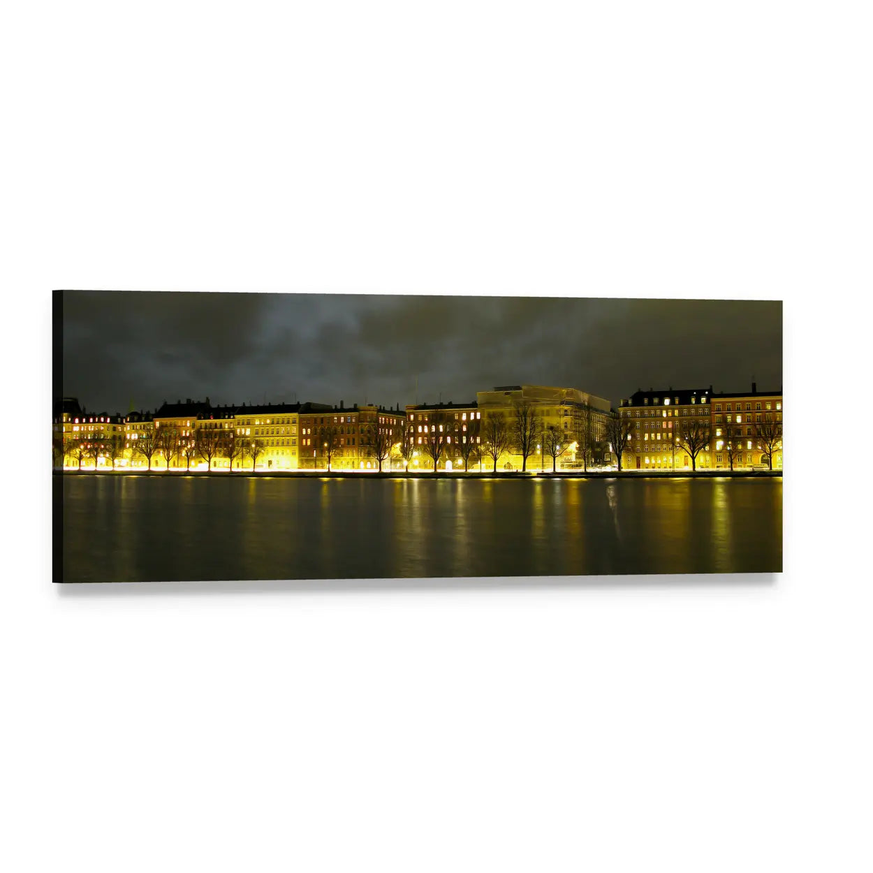 Copenhagen Waterfront at Night Panoramic Canvas Wall Art, single panel gallery wrapped canvas, angled product view