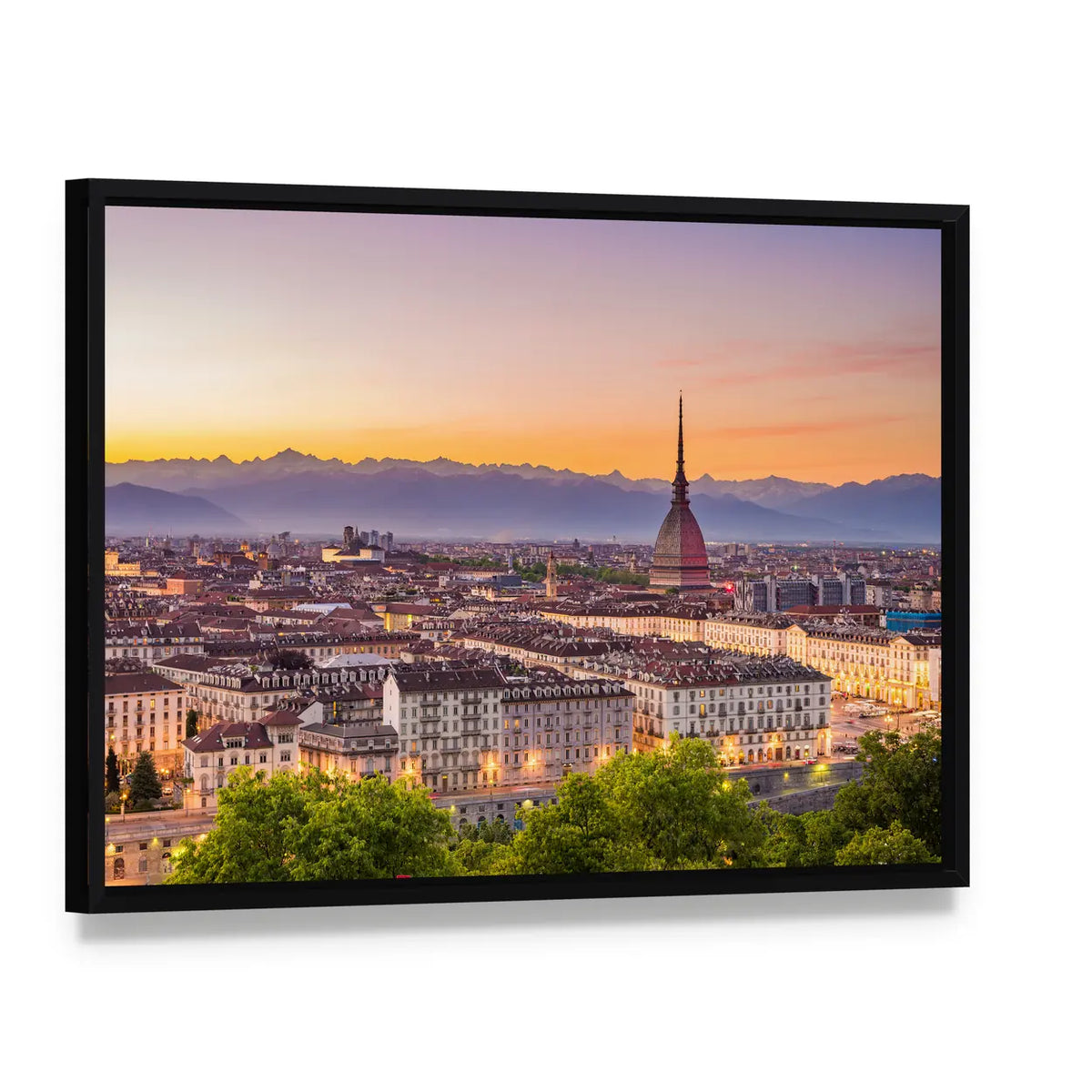 Torino Cityscape In Turin Italy Canvas Wall Art, framed canvas in a black floater frame, angled product view