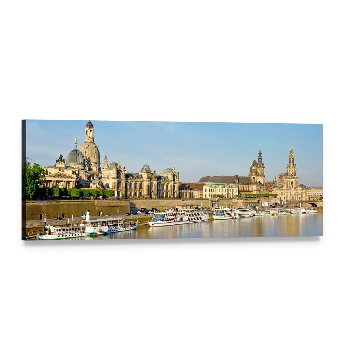 Dresden Skyline with Frauenkirche Over the Elbe Panoramic Canvas Wall Art, single panel gallery wrapped canvas, angled product view