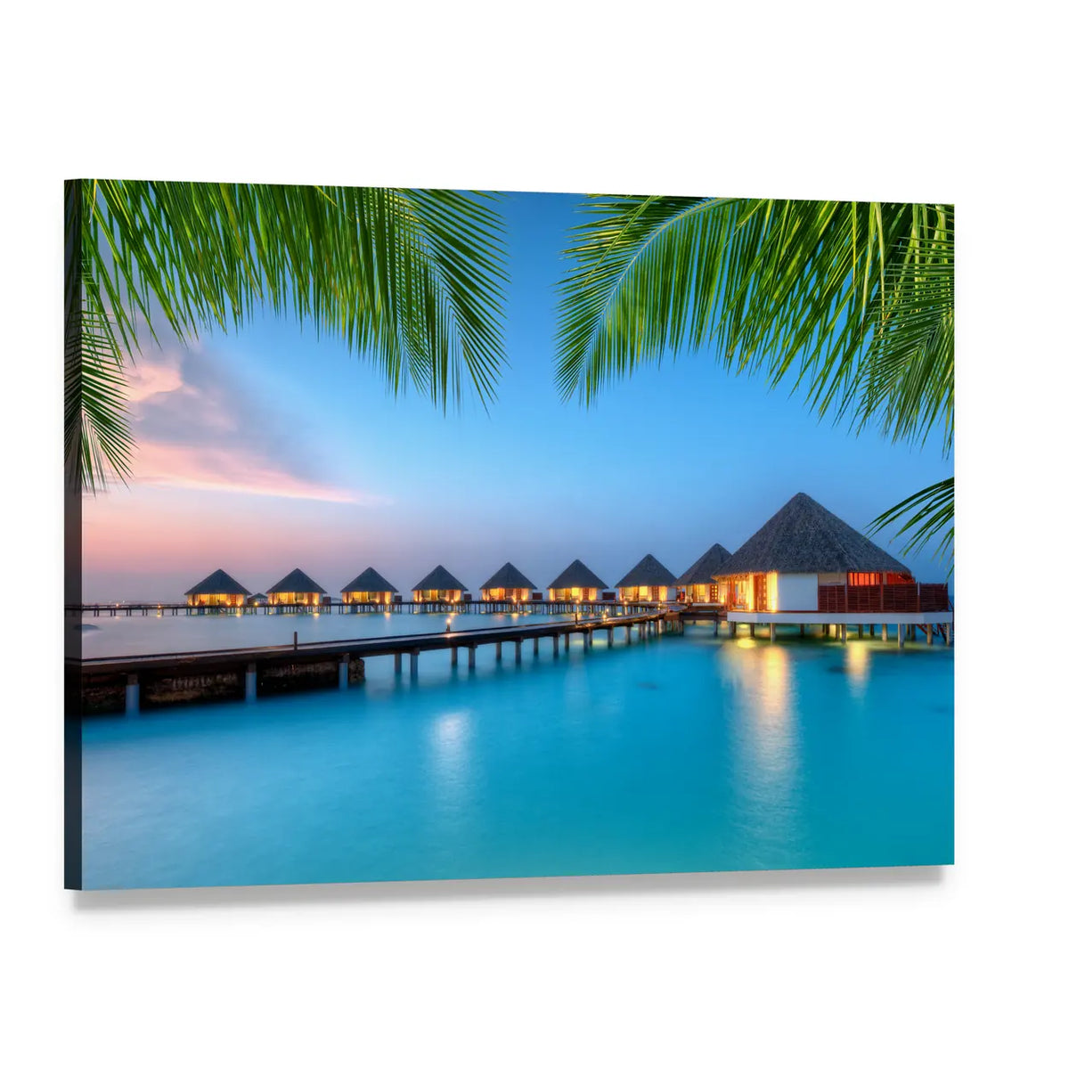 Water Villas on Maldives Resort Canvas Wall Art, single panel gallery wrapped canvas, angled product view