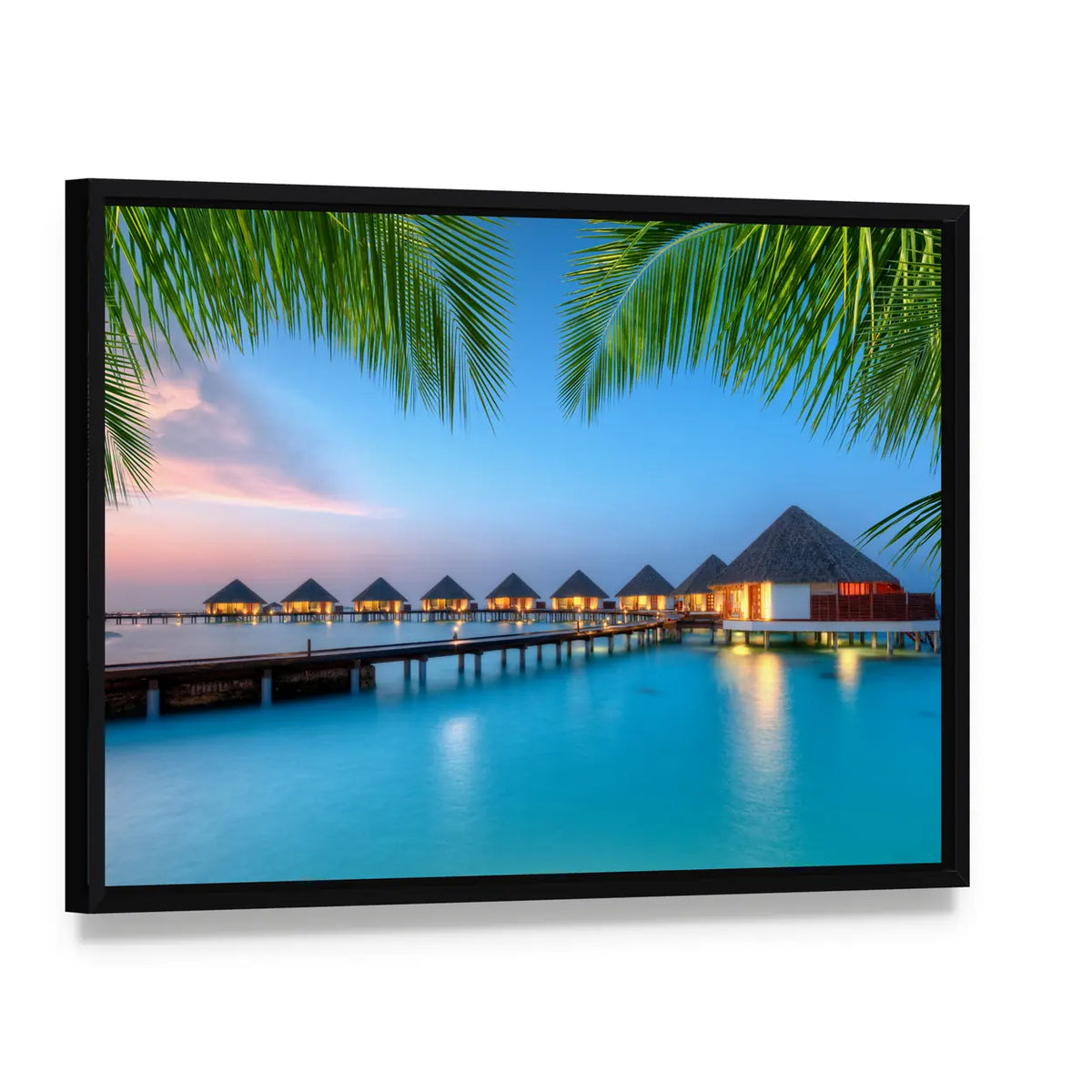 Water Villas on Maldives Resort Canvas Wall Art, framed canvas in a black floater frame, angled product view