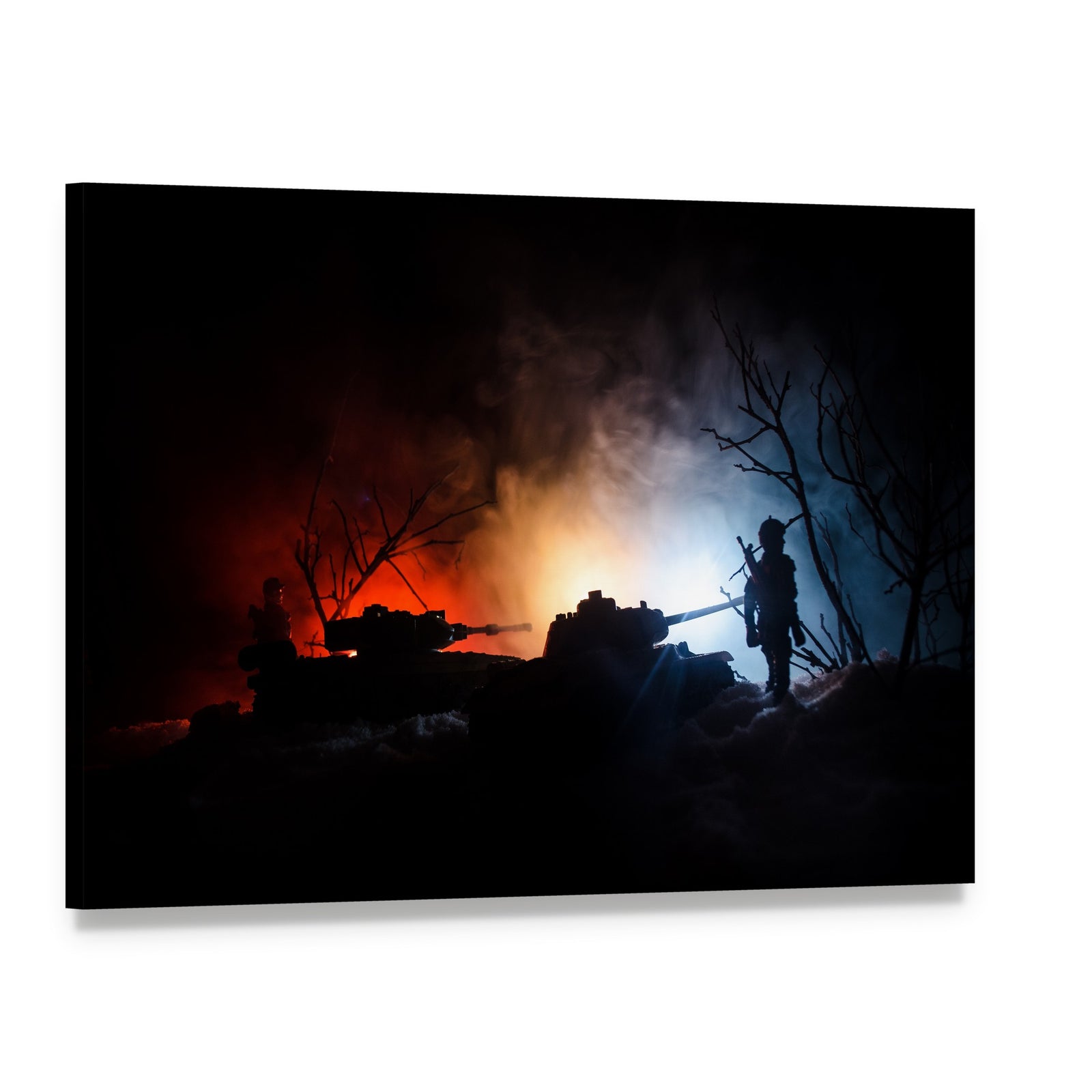 Tank Under Snow at Night Canvas Wall Art, single panel gallery wrapped canvas, angled product view