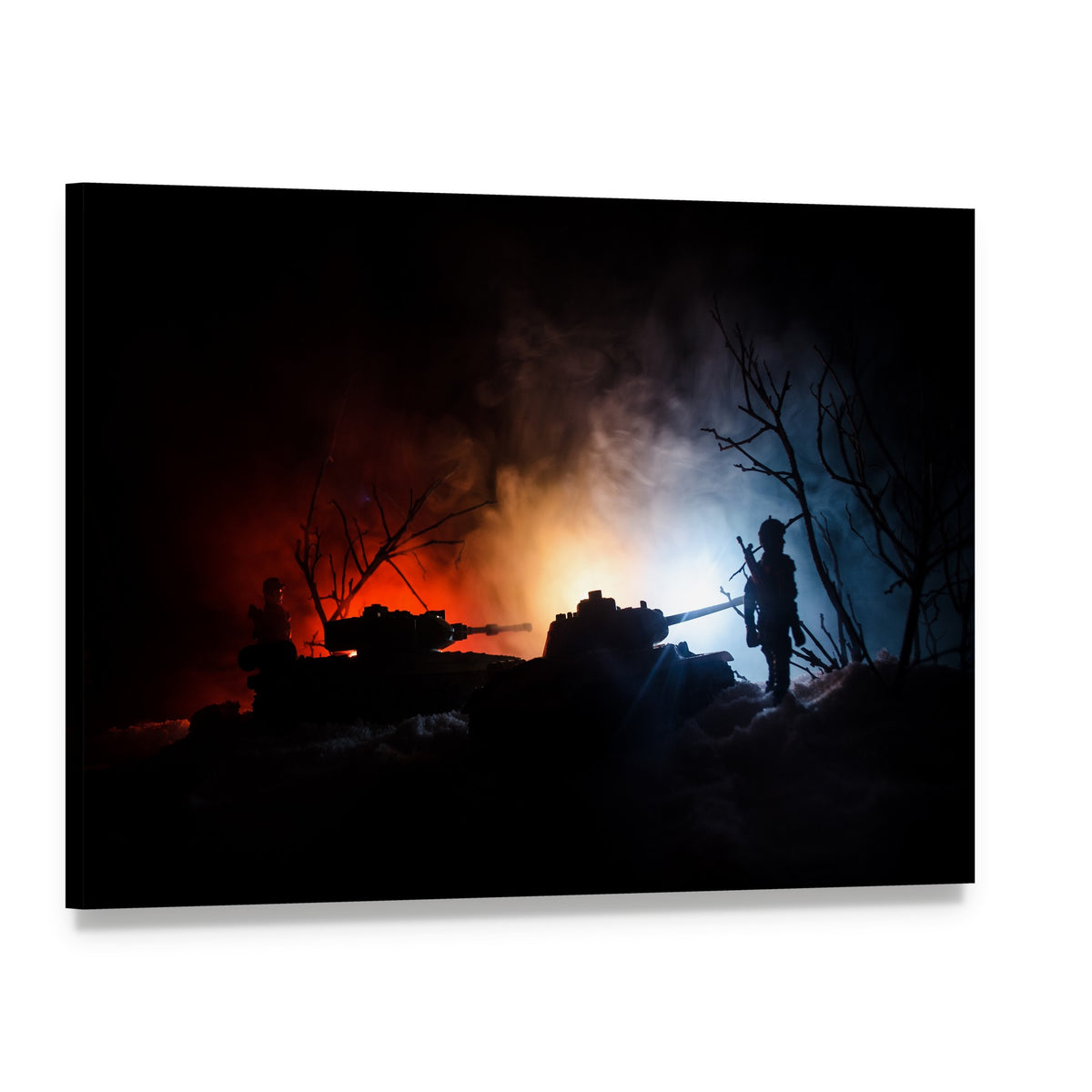 Tank Under Snow at Night Canvas Wall Art, single panel gallery wrapped canvas, angled product view