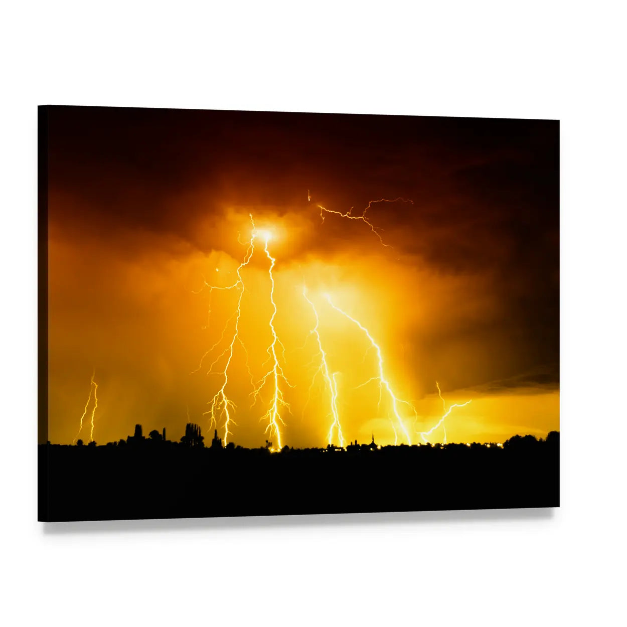 Yellow Lightning Over City Skyline Canvas Wall Art, single panel gallery wrapped canvas, angled product view