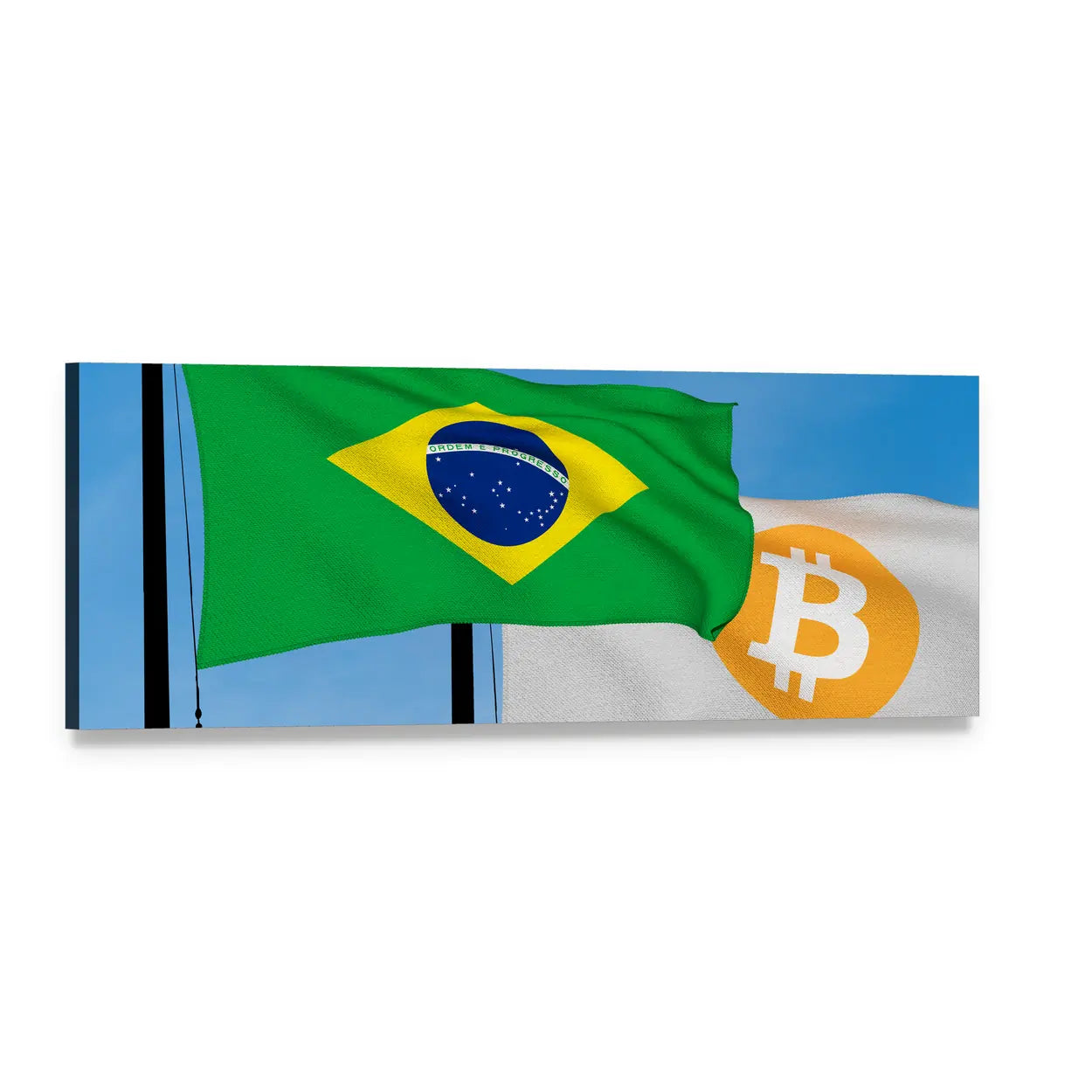 Brazilian Flag and Bitcoin Flag Panoramic Canvas Wall Art, single panel gallery wrapped canvas, angled product view