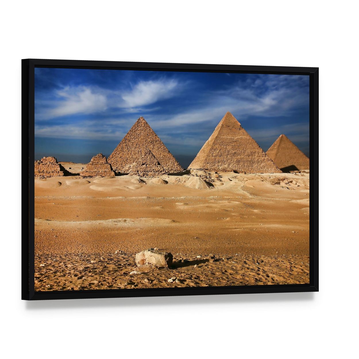 Egyptian Pyramids Canvas Wall Art, framed canvas in a black floater frame, angled product view