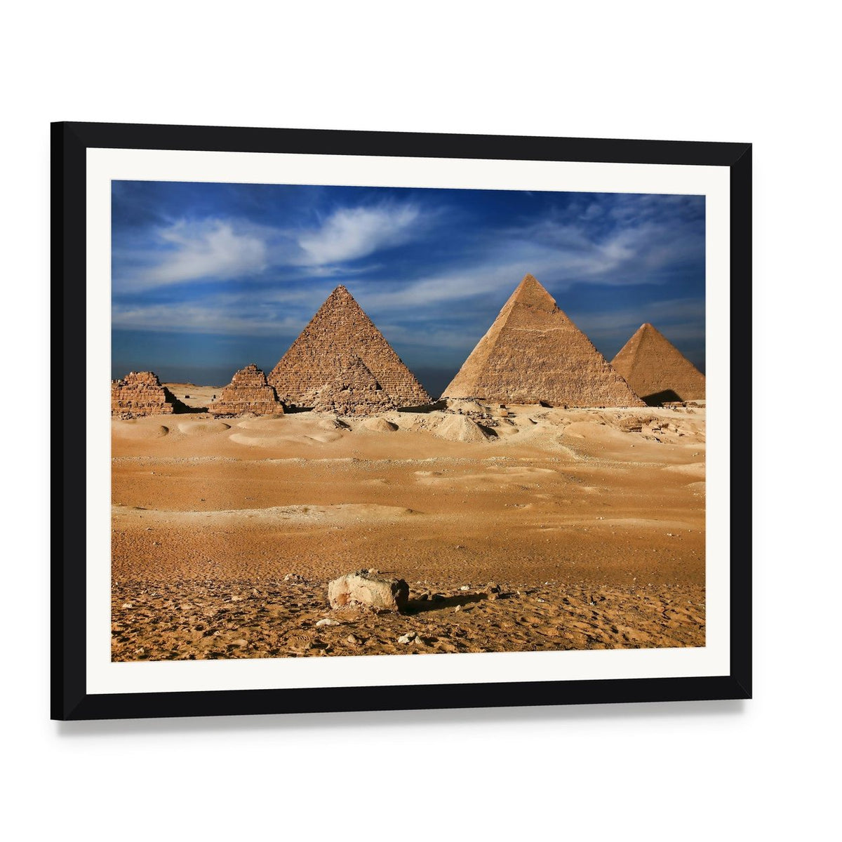 Egyptian Pyramids Canvas Wall Art, framed print with white mat and black frame, angled product view