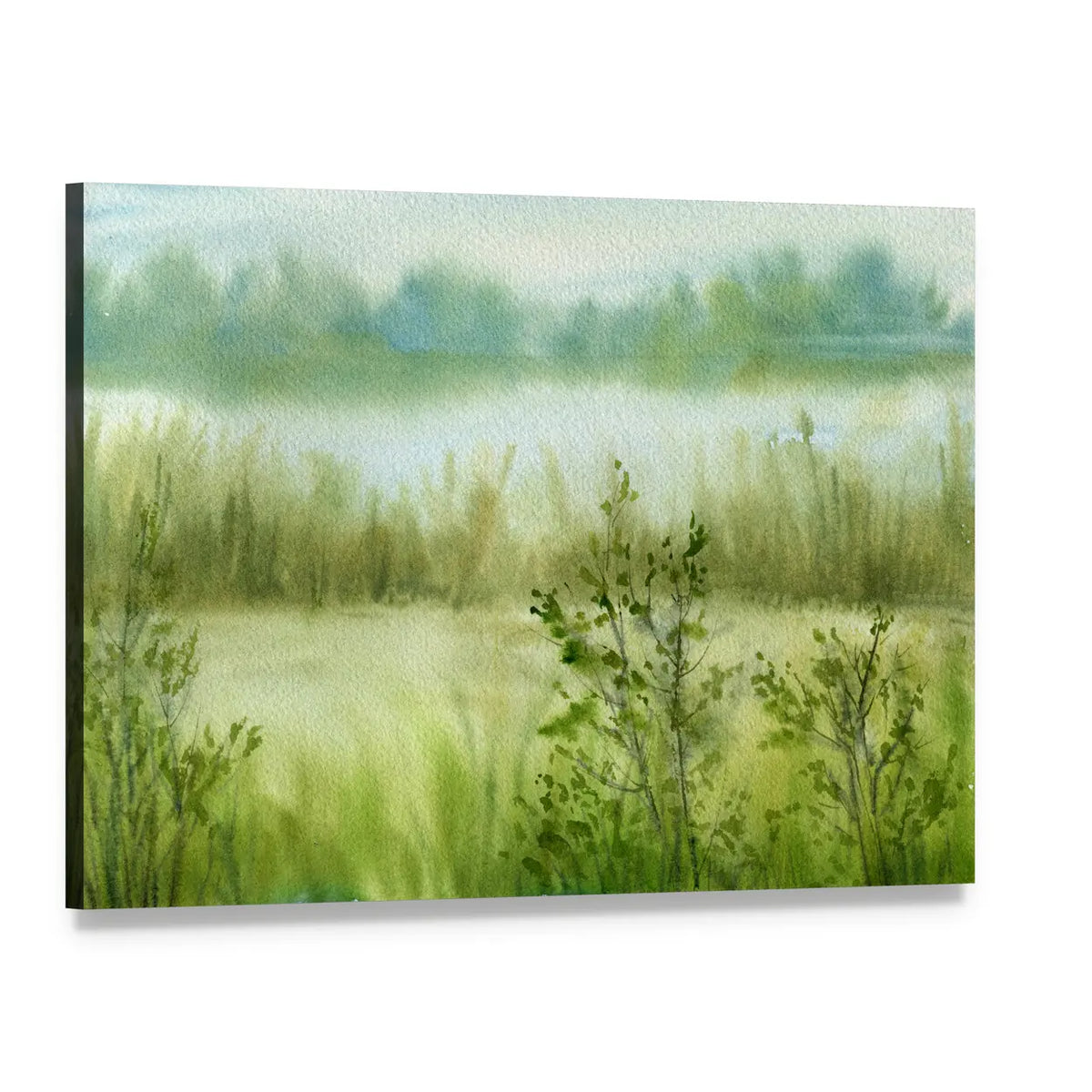 Misty River Meadow Canvas Wall Art, single panel gallery wrapped canvas, angled product view