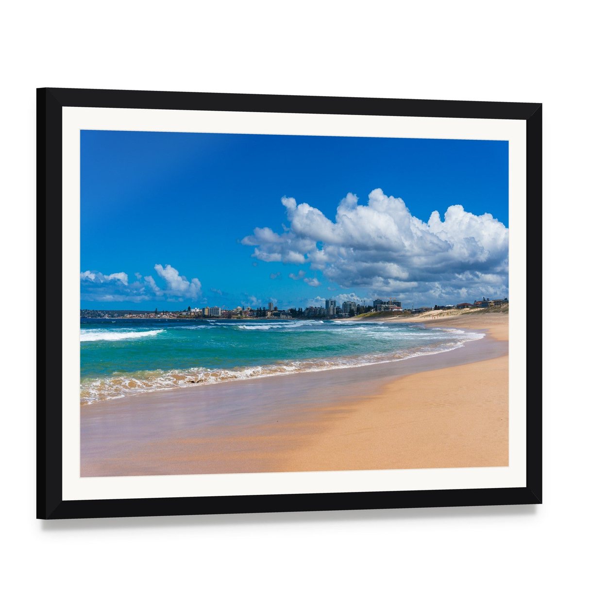 Cronulla Coastline Canvas Wall Art, framed print with white mat and black frame, angled product view