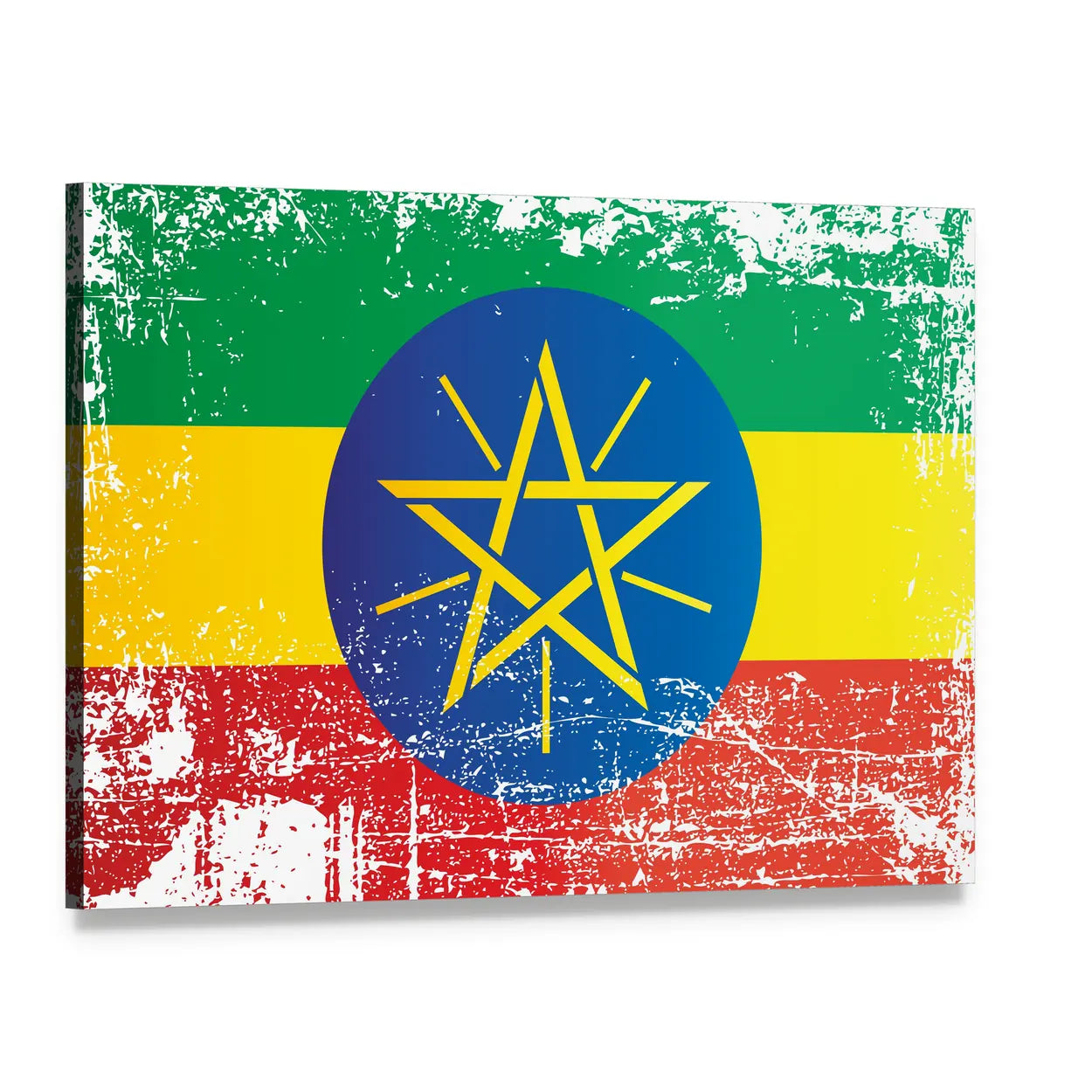 Ethiopian Flag with Blue Disc Emblem Canvas Wall Art, single panel gallery wrapped canvas, angled product view