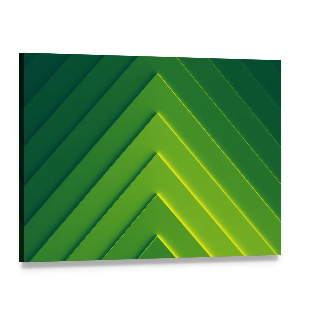 Layered Green Geometric Chevron Abstract Canvas Wall Art, single panel gallery wrapped canvas, angled product view