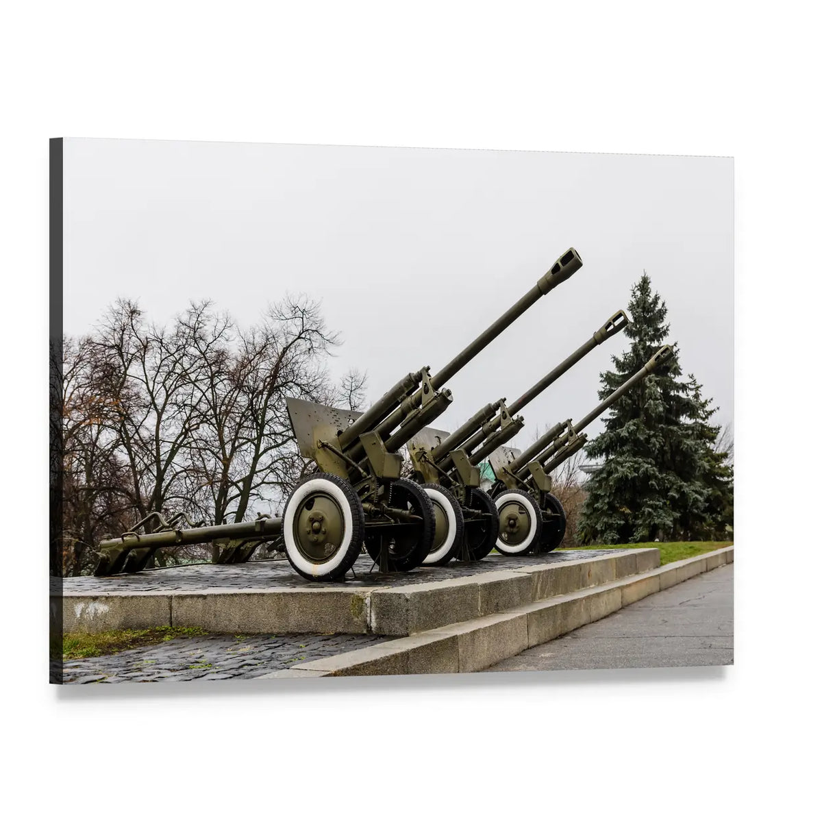 Row of Soviet Cannons in Ukraine Park Canvas Wall Art, single panel gallery wrapped canvas, angled product view