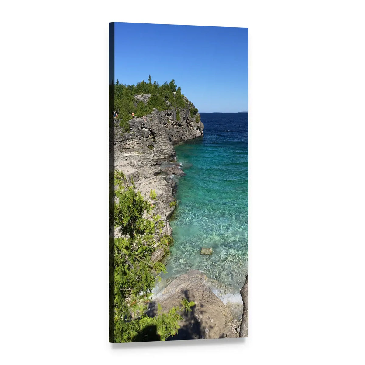 Limestone Cliff Above Turquoise Water Vertical Canvas Wall Art, 1 panel 1 Vertical layout gallery wrapped canvas set, angled product view