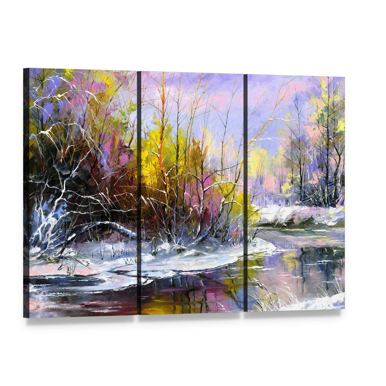 Winter River with Snowy Trees Canvas Wall Art, 3 panel 3 Horizontal layout gallery wrapped canvas set, angled product view
