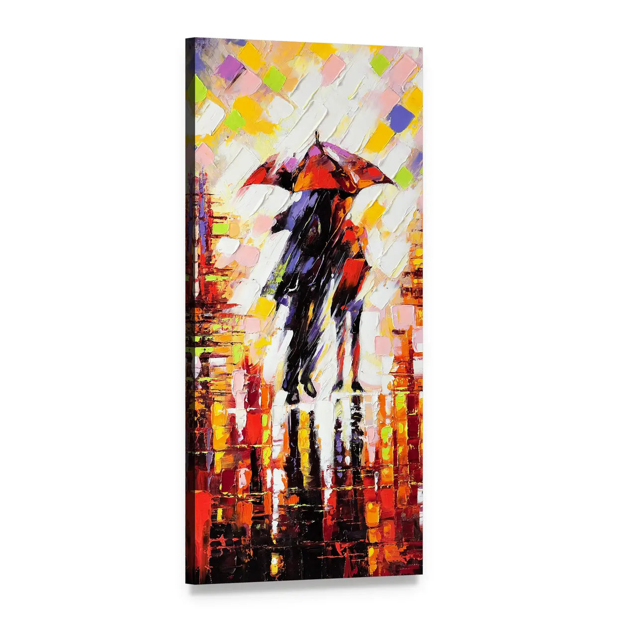 Couple Under a Red Umbrella on Rainy Street Vertical Canvas Wall Art, 1 panel 1 Vertical layout gallery wrapped canvas set, angled product view