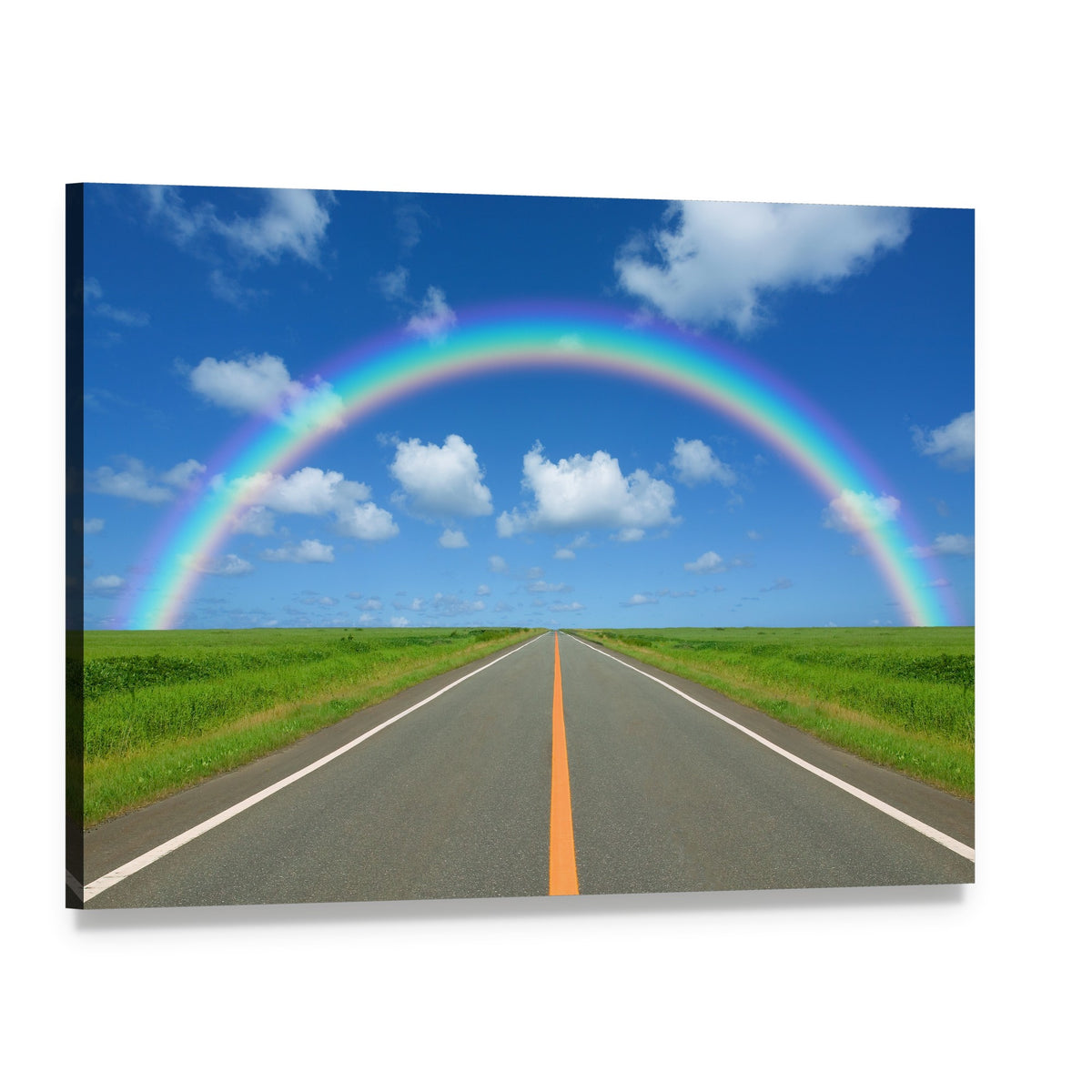 Rainbow Over Straight Road Canvas Wall Art, single panel gallery wrapped canvas, angled product view