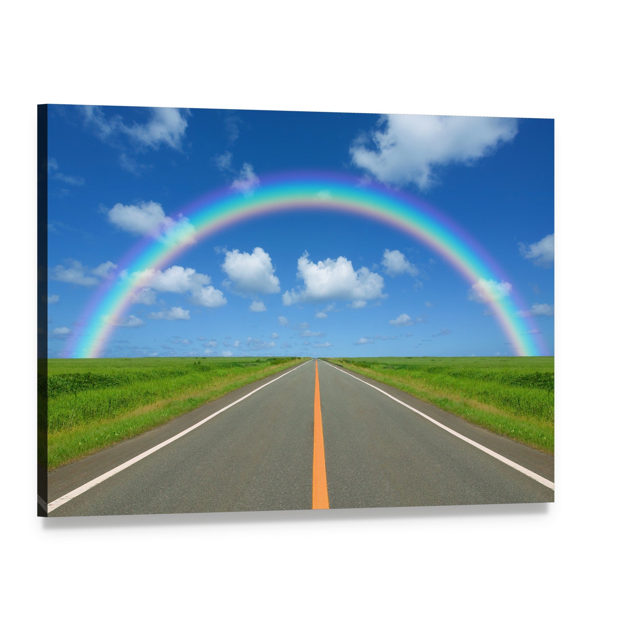 Rainbow Over Straight Road Canvas Wall Art, single panel gallery wrapped canvas, angled product view