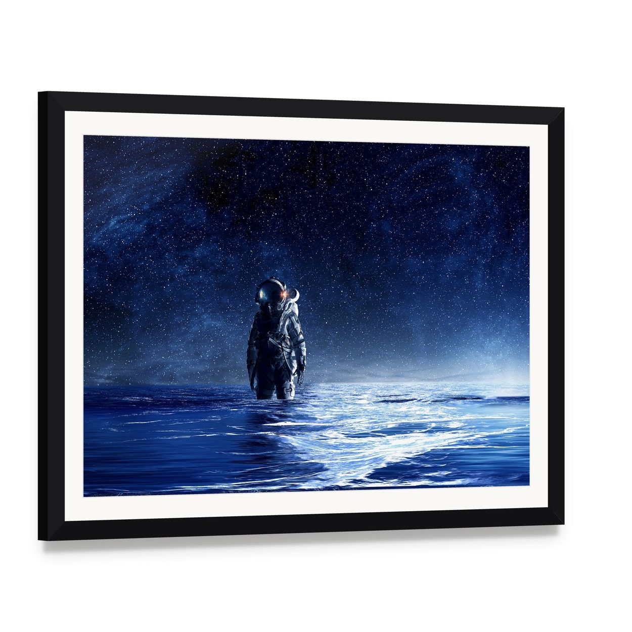 Astronaut Standing in Water Canvas Wall Art, framed print with white mat and black frame, angled product view