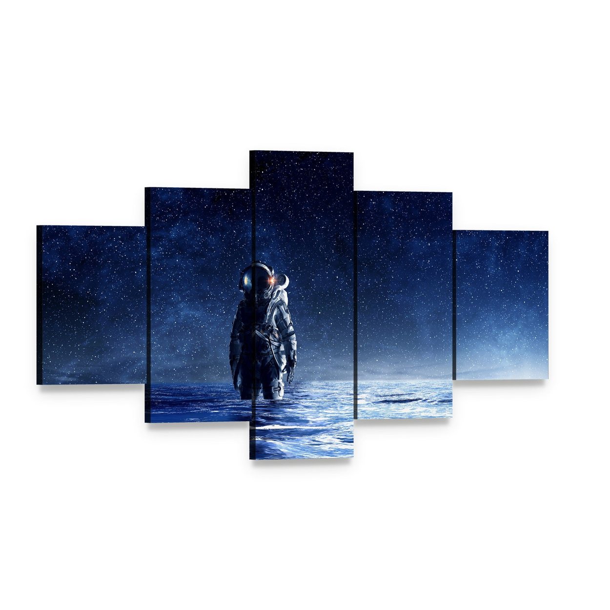 Astronaut Standing in Water Canvas Wall Art, 5 panel 5 Star layout gallery wrapped canvas set, angled product view