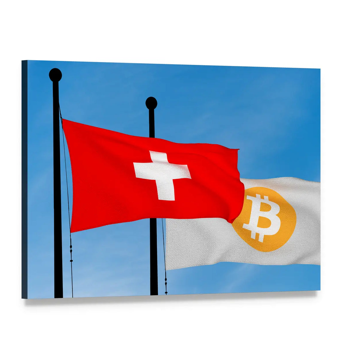 Swiss Flag Overlapping Bitcoin Flag Canvas Wall Art, single panel gallery wrapped canvas, angled product view