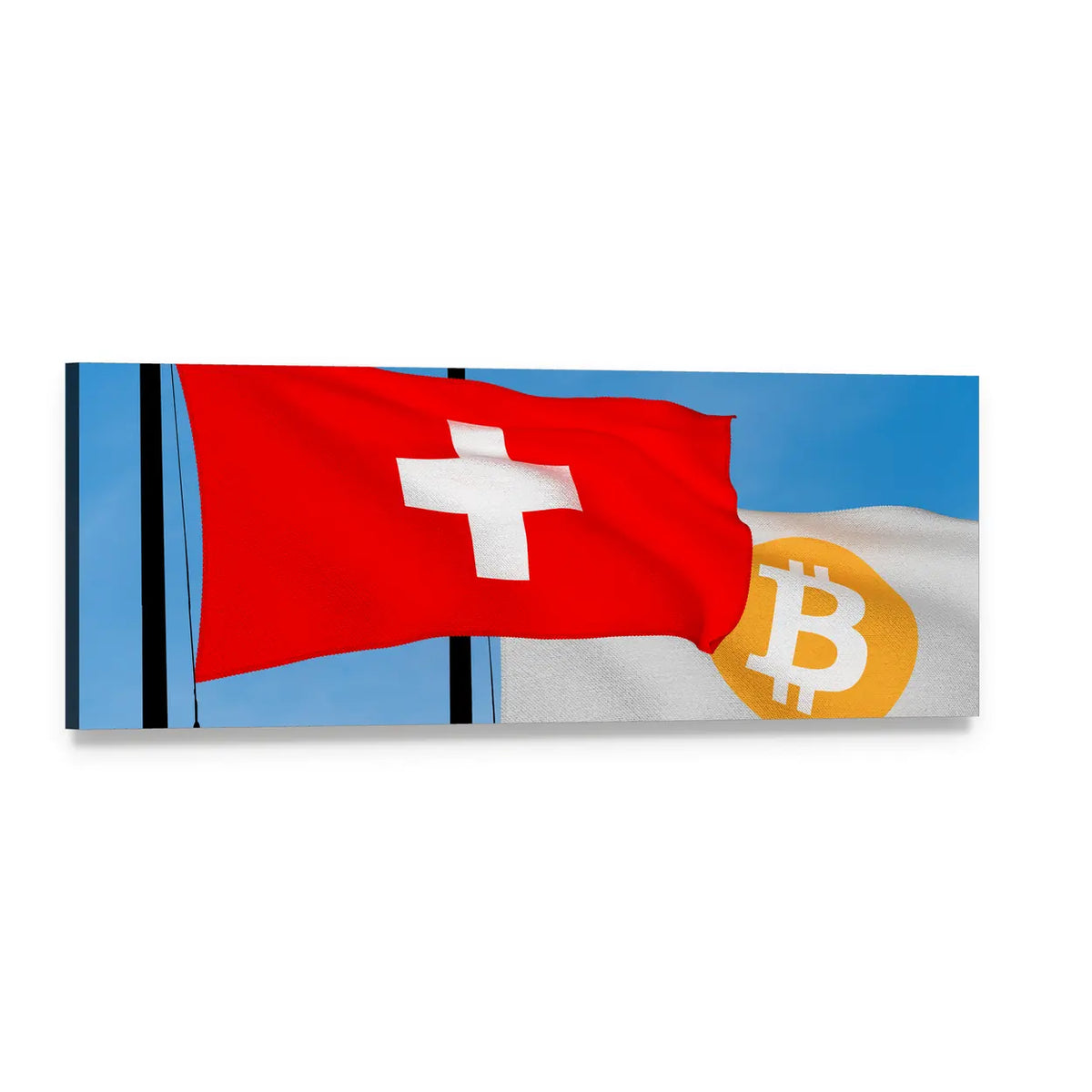 Swiss and Bitcoin Flags Panoramic Canvas Wall Art, single panel gallery wrapped canvas, angled product view