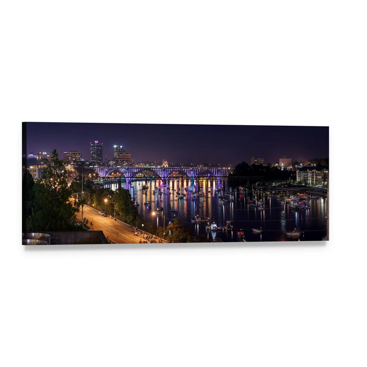 Knoxville Night Skyline Panoramic Canvas Wall Art, single panel gallery wrapped canvas, angled product view
