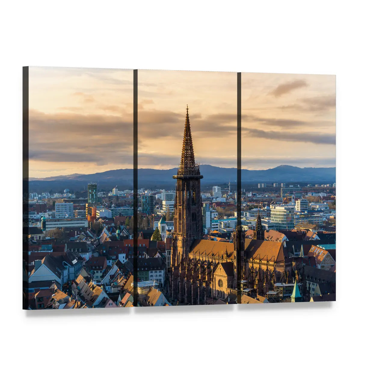 Winter Sunset Over Freiburg Im Breisgau Canvas Wall Art, 3 panel 3 Horizontal layout gallery wrapped canvas set, angled product view