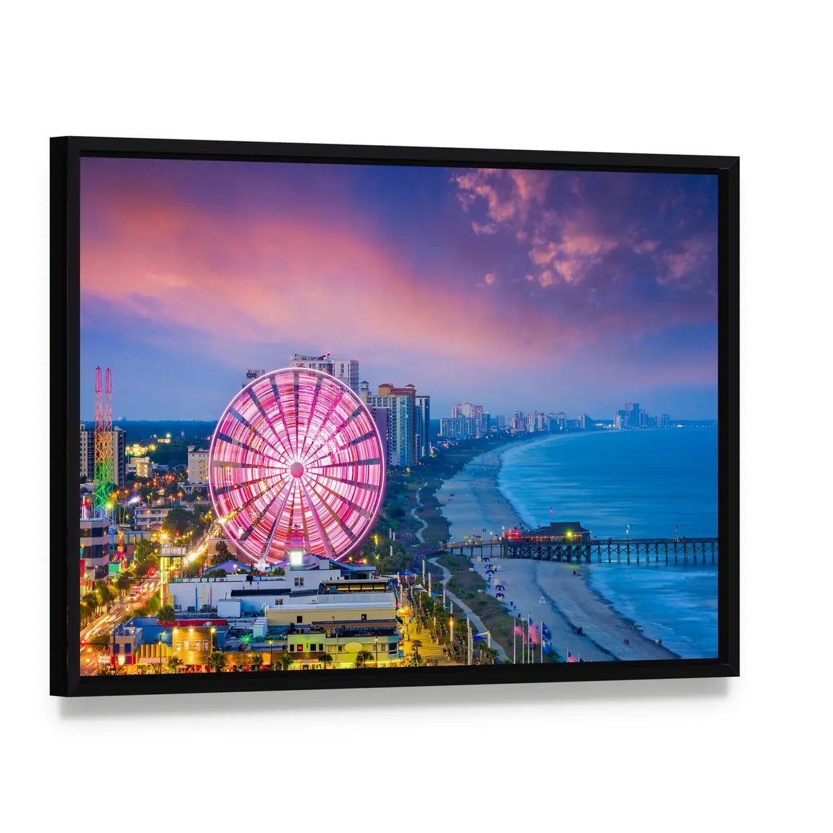 Myrtle Beach Sunset Ferris Wheel Canvas Wall Art, framed canvas in a black floater frame, angled product view