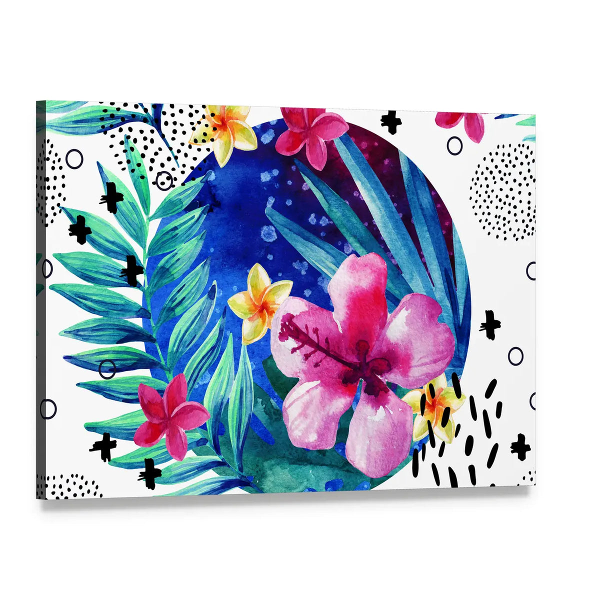 Tropical Hibiscus and Plumeria Circle Canvas Wall Art, single panel gallery wrapped canvas, angled product view