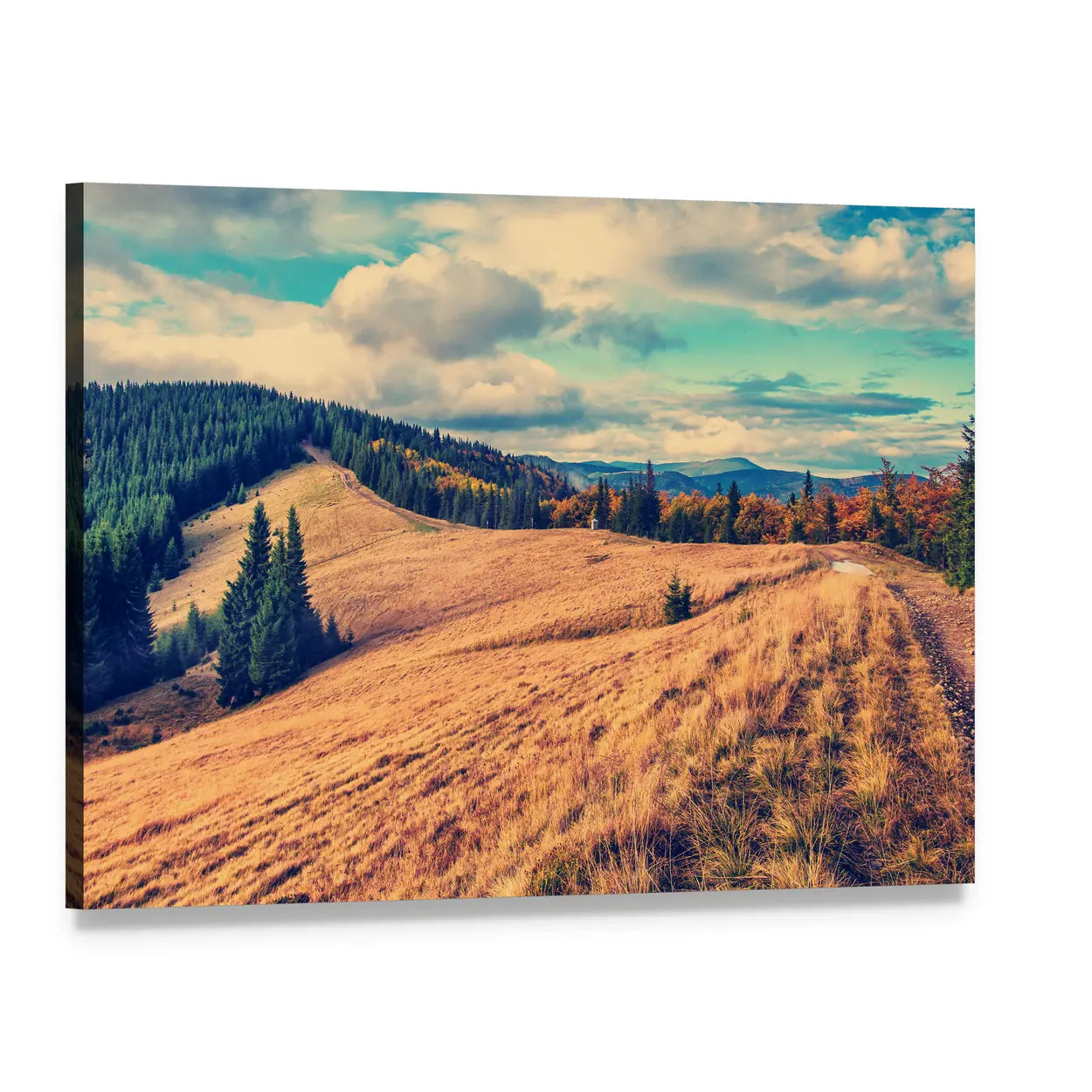 Summer Mountain Landscape Canvas Wall Art, single panel gallery wrapped canvas, angled product view